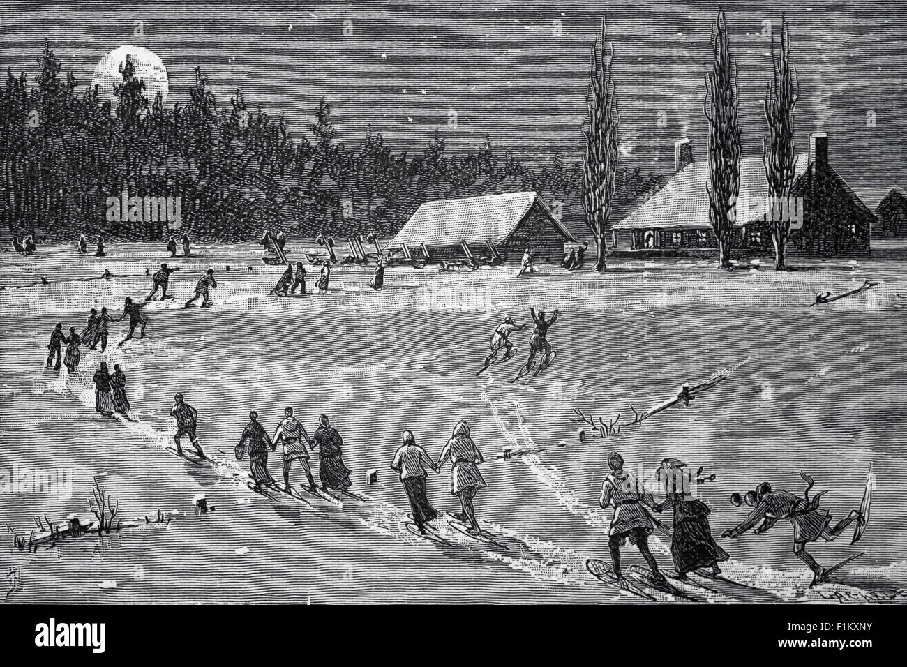 Eine Illustration aus dem 19. Jahrhundert, in der nordkanadische Dorfbewohner in einer mondbeleuchteten Winternacht Schneeschuhe und Himmel verwenden. Traditionelle Schneeschuhe wurden mit einem Hartholzrahmen mit Rawhide-Schnüren hergestellt. Stockfoto