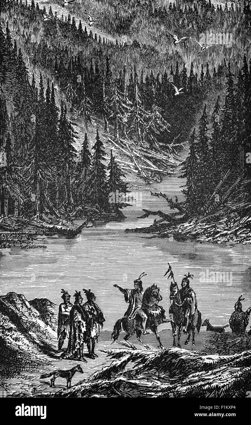 19. Jahrhundert Indianer in den Rockies, Kanada. Indianer, auch bekannt als Indianer, erste Amerikaner, indigene Amerikaner und andere Begriffe, waren/sind die indigenen Völker Nordamerikas. Stockfoto