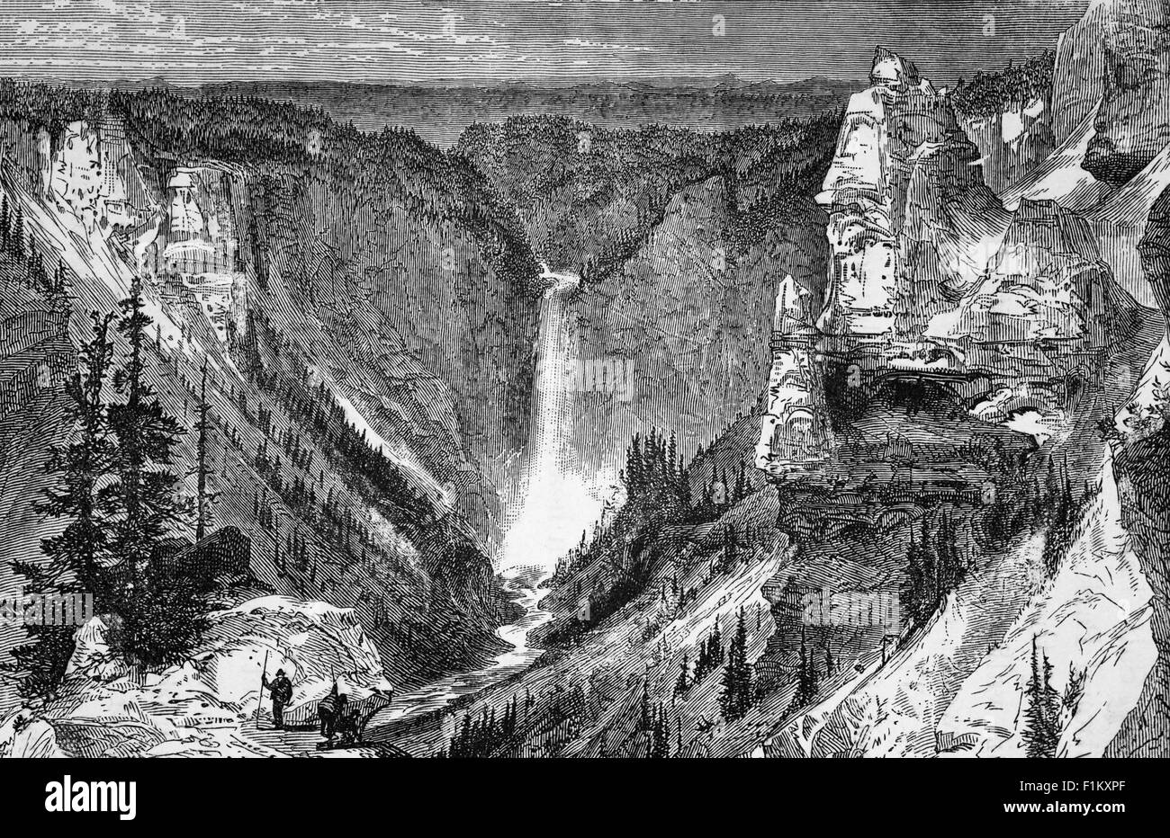 Eine Ansicht des 19. Jahrhunderts der Erkundung der Pioniere an den Wasserfällen, im Yellowstone National Park, Kalifornien, USA. Während der Yellowstone Fluss nördlich vom Yellowstone See fließt, verlässt er das Hayden Valley und stürzt zuerst über die Upper Yellowstone Falls und dann eine Viertelmeile flussabwärts über die Lower Yellowstone Falls, wo er dann in den Grand Canyon des Yellowstone einmündet. Stockfoto