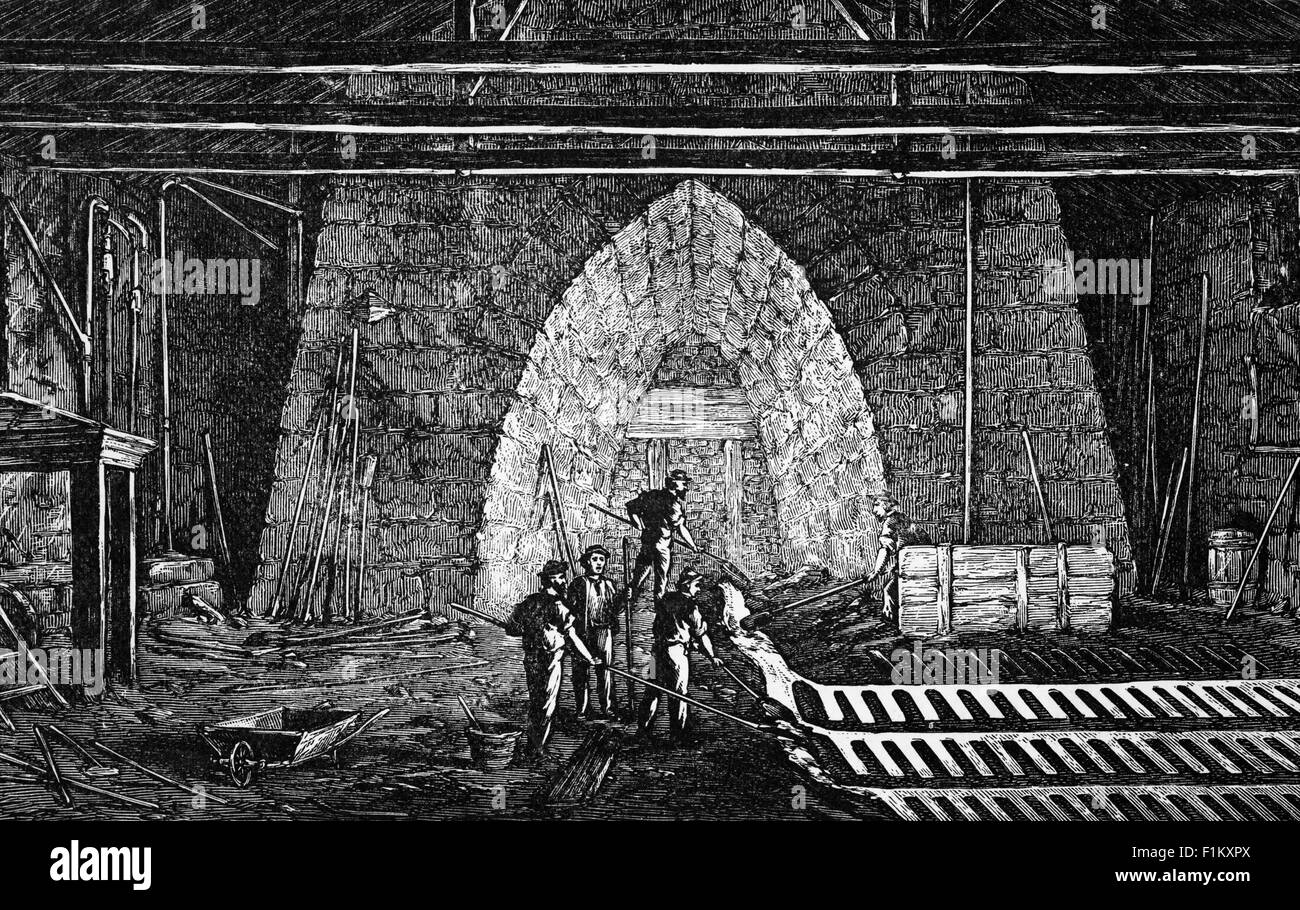 Eine Illustration des Ofens auf Iron Mountain, Missouri, USA aus dem 19. Jahrhundert. Iron Mountain war einst eine Bergbaustadt, als die Chapin Mine nach ihrer Entdeckung im Jahr 1879 in Betrieb war. Stockfoto