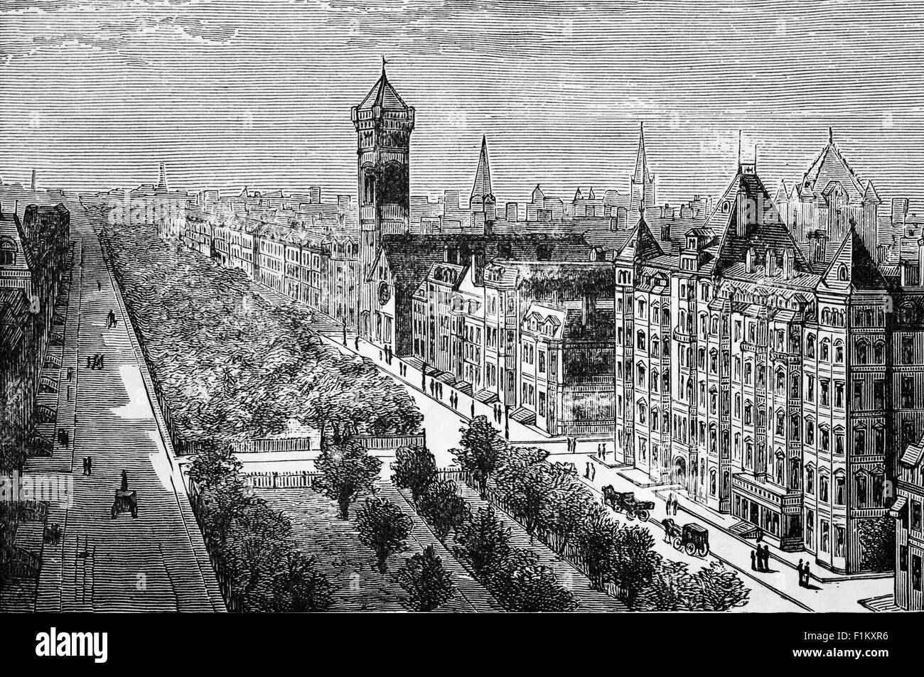Ein Blick aus dem 19. Jahrhundert auf die Mall in Commonwealth Avenue, AKA Comm Ave von Einheimischen, eine große Straße in Boston, Massachusetts. Der von Arthur Delevan Gilman entworfene Greenway, Commonwealth Avenue Mall genannt, wird oft mit Pariser Boulevards verglichen und ist mit Statuen und Gedenkstätten durchsetzt und bildet das engste "Bindeglied" in der Smaragdkette. Stockfoto