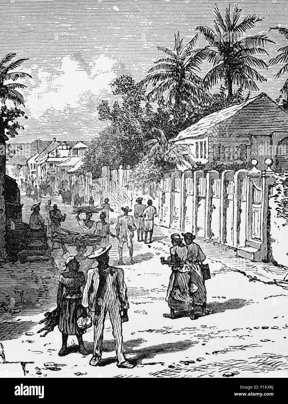 Ein Blick aus dem 19. Jahrhundert auf Kingston, die Hauptstadt und größte Stadt Jamaikas, an der südöstlichen Küste der Insel. 1848 erweiterte die jamaikanische Regierung Kingston durch den Bau neuer Häuser im Westen, Norden und Osten der Stadt. Dieses Gehäuse wurde in Bezug auf Rasse und Klasse stark getrennt und bis 1860 lebte die Mehrheit der weißen Eliten am Stadtrand. Stockfoto