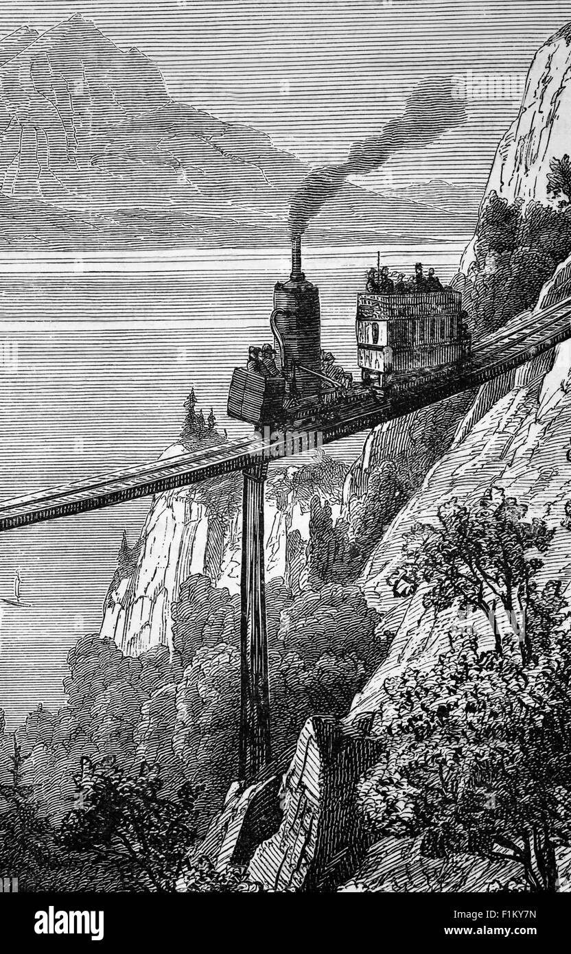 Eröffnet am 21. Mai 1871, als Rigibahn und erste Bergbahn Europas. Eine Schweizer Normalspurbahn fährt sie von Vitznau am Ufer des Vierwaldstättersees nach Rigi. Stockfoto