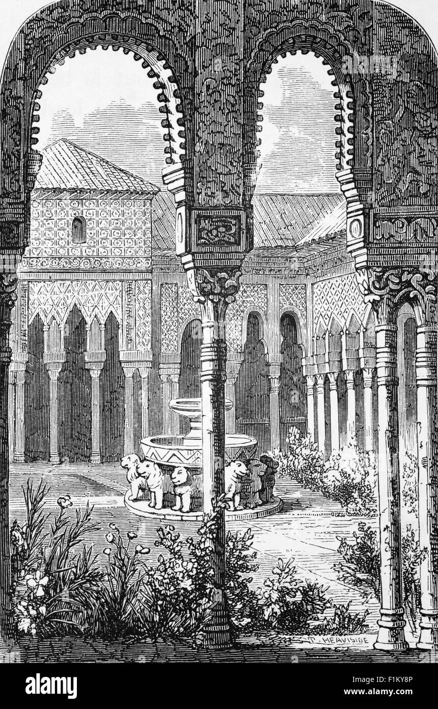 Blick auf den Löwenhof aus dem 19. Jahrhundert im Haupthof der Nasriden-Dynastie Palast der Löwen im Herzen der Alhambra befindet sich die maurische Zitadelle, die aus einem Komplex von Palästen, Gärten und Festungen in Granada, Spanien, besteht. Der Bau begann in der zweiten Periode des Nasriden Sultans Muhammed V. des Emirats Granada in der Regierungszeit von Al-Andalus zwischen 1362 und 1391 n. Chr. Stockfoto