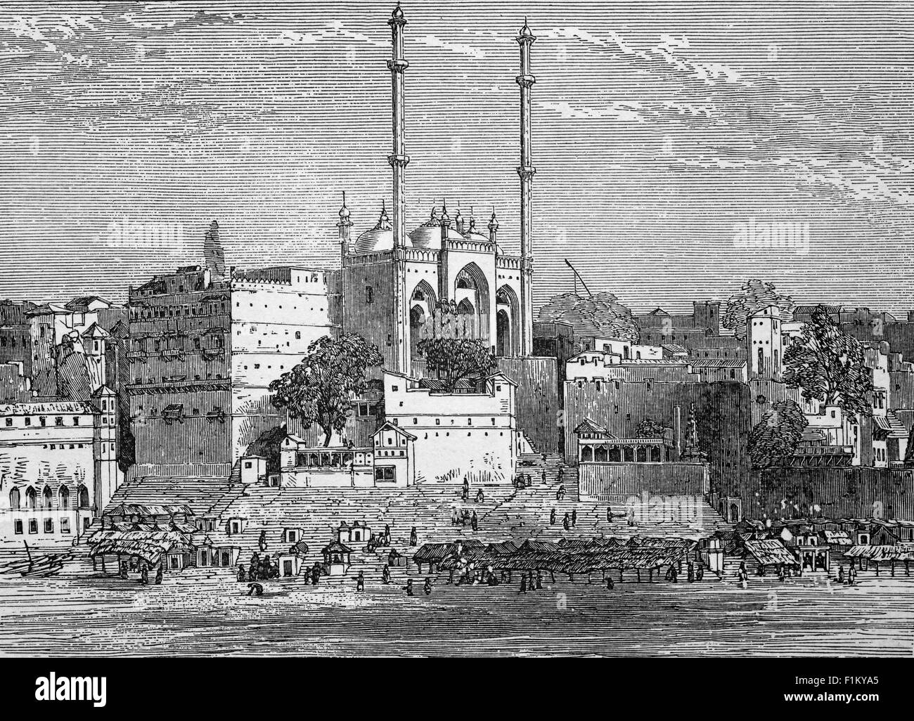 Eine Ansicht des 19. Jahrhunderts von Banares (jetzt Varanasi) und betrachtet als die geistige Hauptstadt von Indien, zieht die Stadt Pilger an, die in den heiligen Wassern des Flusses Ganges baden und Beerdigungsriten durchführen, Uttar Pradesh, Indien. Stockfoto