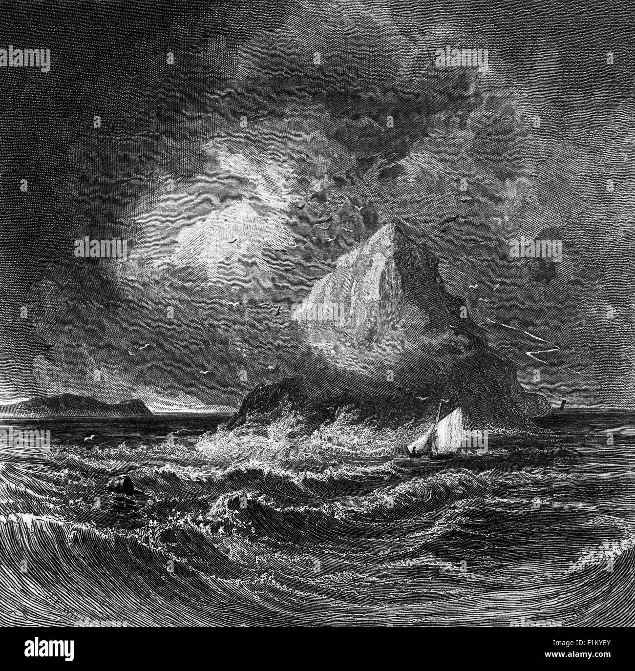 Illustration für ein Sonett zu 'Ailsa Craig' von John Keats. Ailsa Craig ist eine Insel im äußeren Firth of Clyde, 16 Kilometer (10 Meilen) westlich des schottischen Festlandes. Umgangssprachlich als "Paddy's Meilenstein" bekannt, war es ein Zufluchtsort für Katholiken während der schottischen Reformation im 16. Jahrhundert. John Keats (1795–1821) war ein englischer romantischer Dichter, einer der Hauptfiguren der zweiten Generation romantischer Dichter, zusammen mit Lord Byron und Percy Bysshe Shelley, vor seinem Tod an Tuberkulose im Alter von 25 Jahren. Stockfoto
