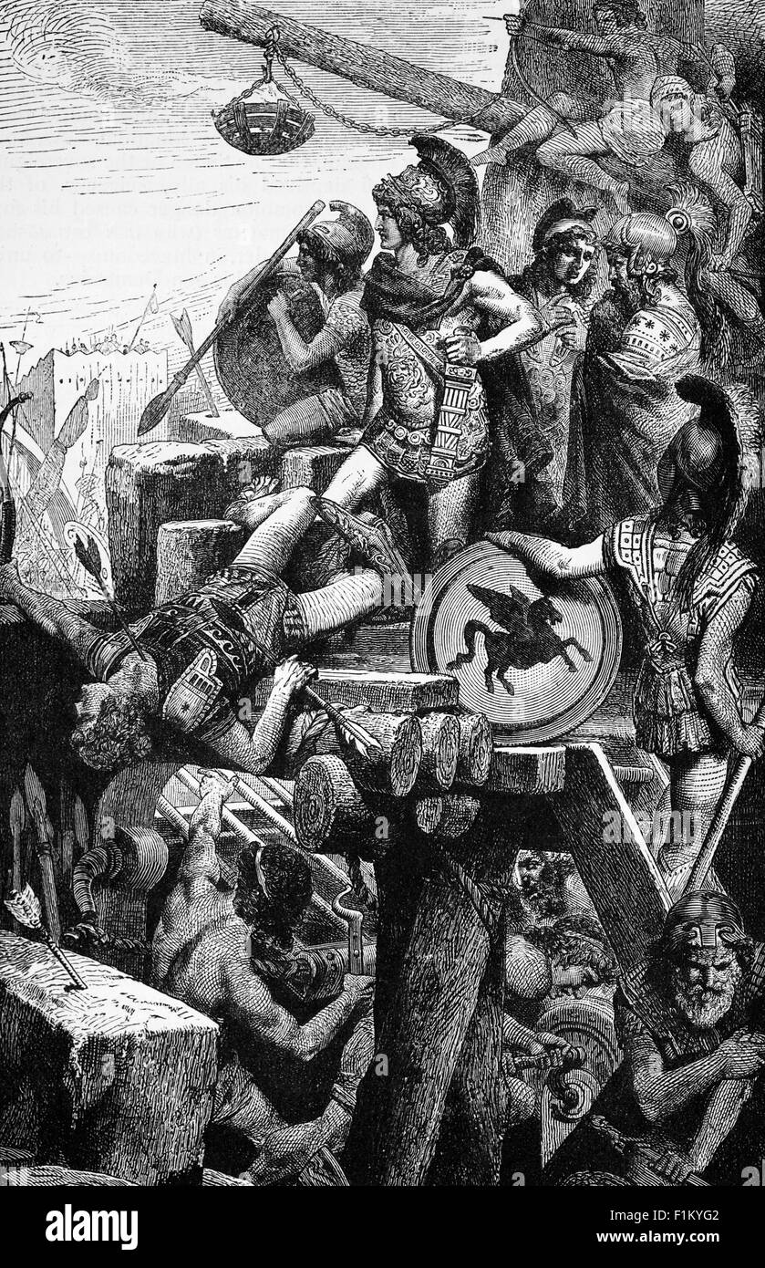 Die Belagerung von Tyrus war orchestriert von Alexander der große 332 v. Chr. bei seinen Feldzügen gegen die Perser Achaemenid-Reich. Die mazedonische Armee konnte die Stadt, die Küste Stützpunkt am Mittelmeer, mit herkömmlichen Mitteln war, weil es auf einer Insel und Mauern rechts bis zum Meer hatte zu erfassen. Stockfoto