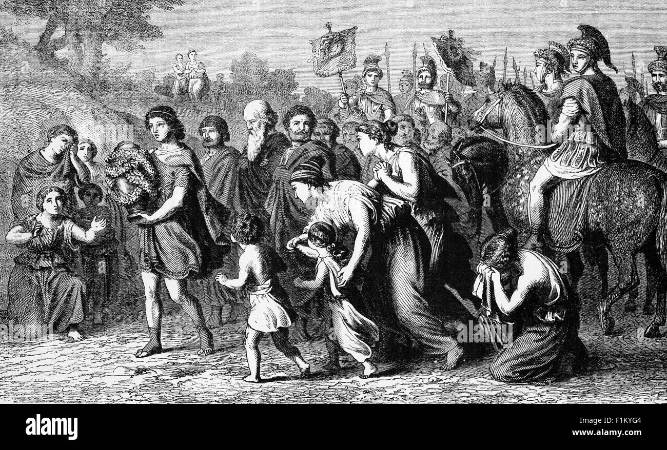 Philopömen war ein erfahrener griechischer General und Staatsmann Griechen. 209 v. Chr. als Strategen ernannt, half Philopoemen, die Achaean League in eine wichtige militärische Macht in Griechenland zu verwandeln. 183 v. Chr. Philopömen befand sich hinter feindlichen Linien und wurde von den Messeneanern gefangen genommen. Er wurde eingeladen, Gift zu trinken, um ihm einen „ehrenvollen Tod“ zu ermöglichen. Mit seinem Tod wurde Philopoems Leichnam eingeäschert. Bei seinem öffentlichen Begräbnis trug der Historiker Polybius die Urne mit Philopoemens Asche und schrieb später eine Biographie und verteidigte sein Gedächtnis in seinen Historien. Stockfoto