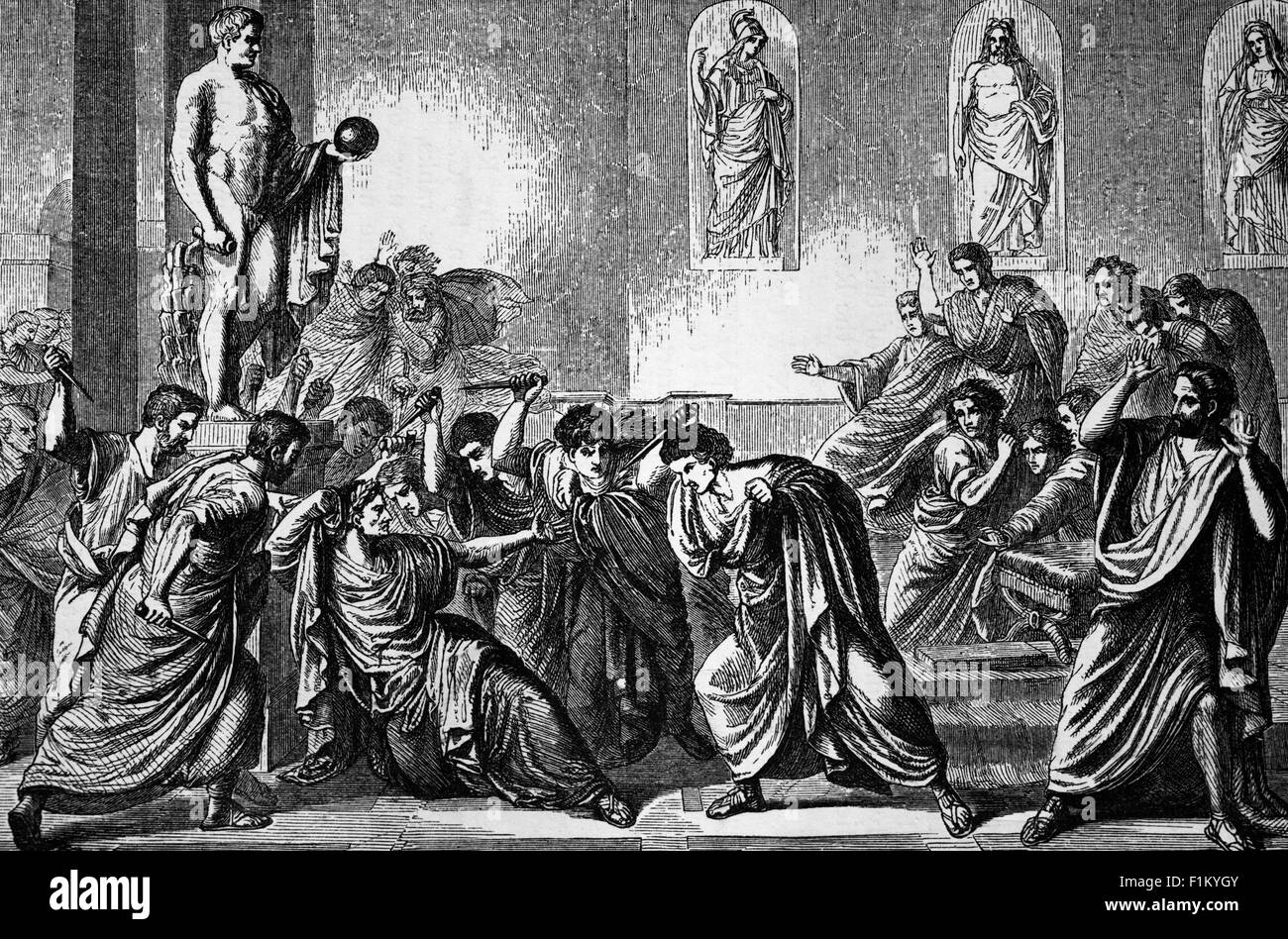 Die Ermordung von Julius Caesar durch eine Verschwörung durch eine Gruppe von römischen Senatoren genannt die Liberatoren, während einer Sitzung des Senats im Theater von Pompey in Rom auf den Ides März (15. März) 44 v. Chr., Rom, Italien. Die Senatoren fürchteten, dass Caesars beispiellose Machtkonzentration während seiner Diktatur die römische Republik untergrub, mindestens 60 Senatoren waren an der Verschwörung beteiligt, angeführt von Marcus Brutus, Gaius Cassius und Decimus Brutus. Stockfoto