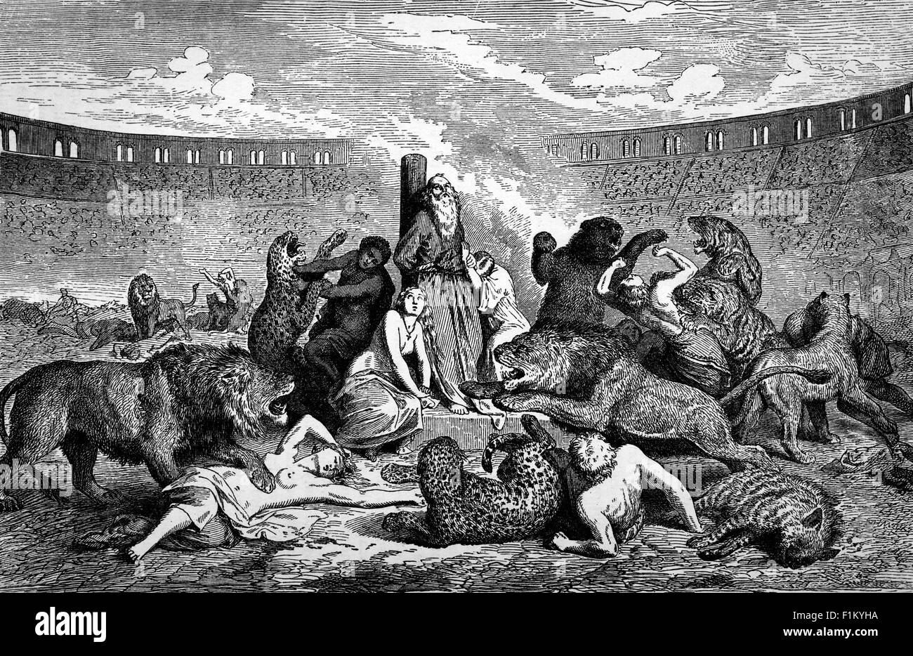 Christliche Märtyrer in der römischen Arena. Einige frühe Christen suchten und begrüßten das Martyrium. Römische Behörden versuchten hart, Christen zu vermeiden, weil sie die Massen "beschimpften, schimpften, herabhöhnten und beschimpften, bis sie ihren Tod forderten. Polycarp, der Bischof von Smyrna, wollte nicht den Tod, sondern starb ein Märtyrer, gebunden und verbrannt auf dem Scheiterhaufen, dann erstochen, wenn das Feuer auf wundersame Weise nicht berühren ihn. Stockfoto