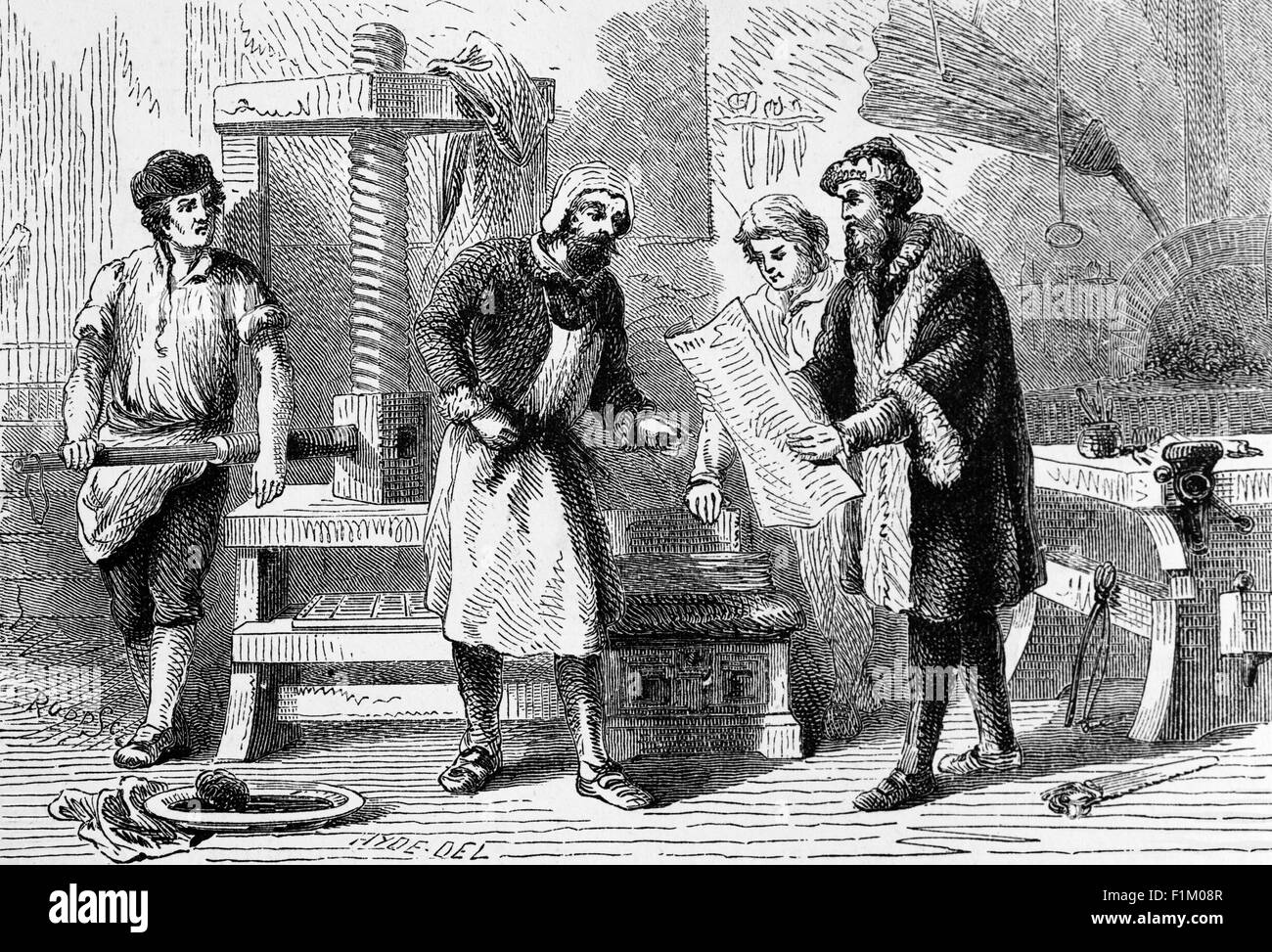 Drucker, Die 1456 Die Gutenberg-Presse Zur Herstellung Der Berühmten  42-Zeiligen Bibel Verwendeten, Das Erste Buch, Das Im Westen Auf Einer Beweglichen  Druckmaschine Gedruckt Wurde. Zwanzig Jahre Zuvor Begann Johaness  Gutenberg, Ein Deutscher