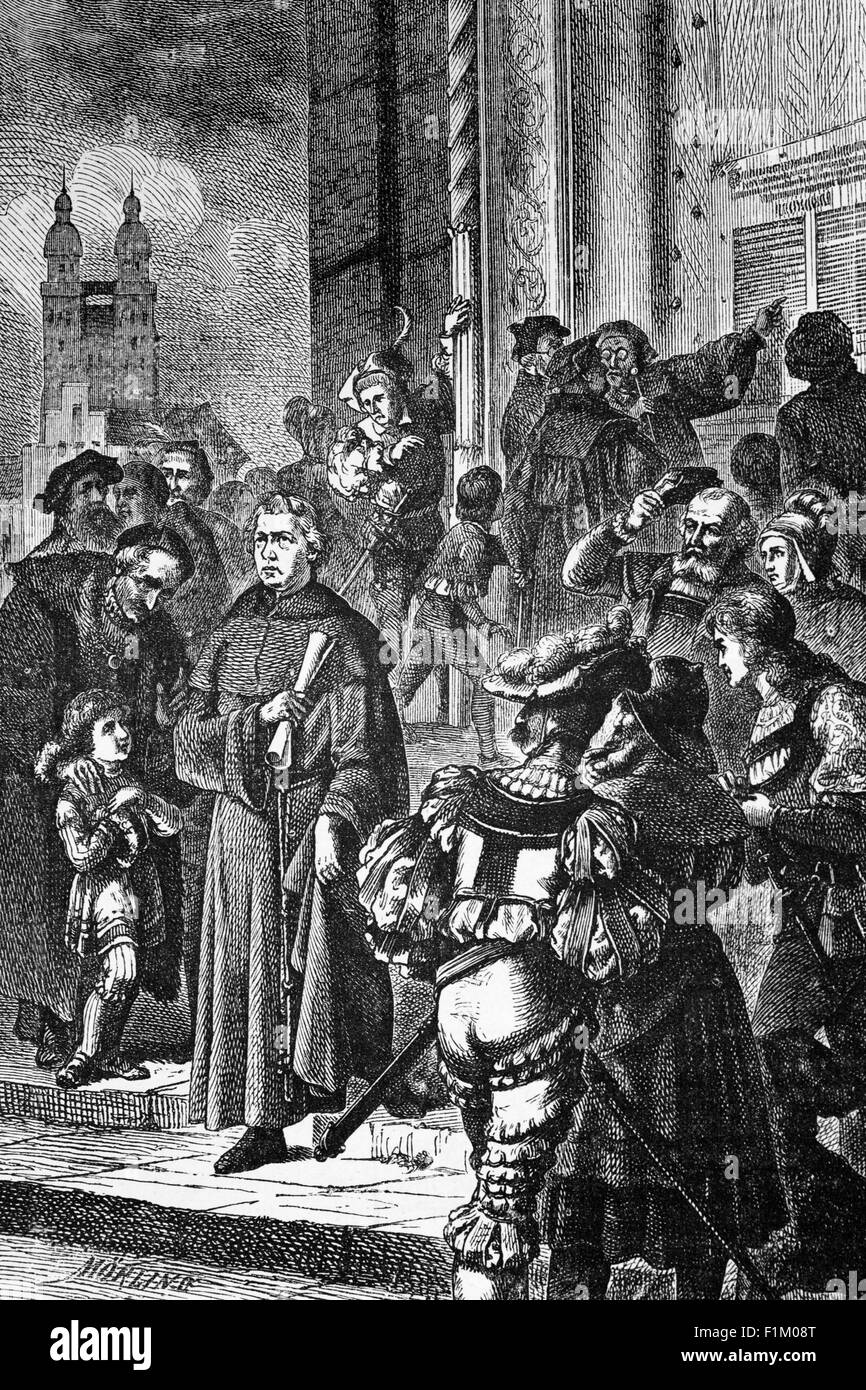 Martin Luther und die neunzig-fünf-Thesis vom 31. Oktober 1517 in Wittenberg. Luther (1483-1546) war ein deutscher Theologieprofessor, Priester und bahnbrechende Figur in der Reformation. Zum Priestertum geweiht in 1507 Luther abgelehnt, die Praxis der römisch-katholischen Kirche in Richtung Ablass. Luther schlug eine akademische Diskussion in seinen neunzig-fünf Thesen von 1517. Seine Weigerung, auf die Forderung von Papst Leo X. im Jahre 1520 und des Heiligen Römischen Kaisers Karl V. zu verzichten, führte zu seiner Exkommunikation durch den Papst und zur Verurteilung als Gesetzlose durch den Heiligen Römischen Kaiser. Stockfoto