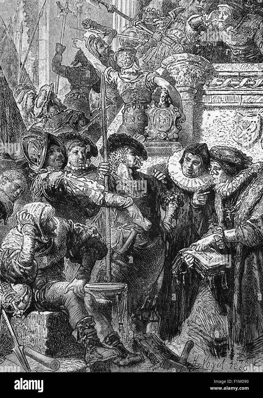 Ein Landsknechte - Söldnerhecht - Legen Beiträge im Haus eines Adligen, während des 16. Jahrhunderts religiösen deutschen Kriegen. Die Landsknechte waren deutschsprachige Söldner, die in Hecht- und Schussformationen eingesetzt wurden und den Großteil der kaiserlichen Armee des Heiligen Römischen Reiches vom späten 14. Bis zum frühen 16. Jahrhundert bildeten. Stockfoto