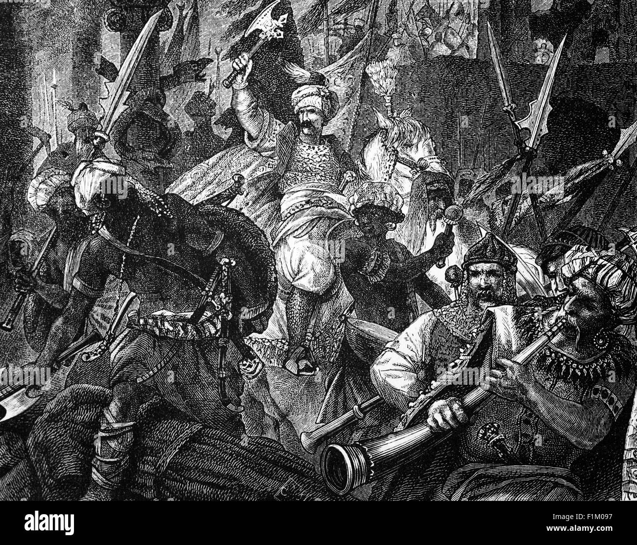 Die islamischen Mauren, die die Schlacht von Alcácer Quibir (AKA Alcassar und "Schlacht der drei Könige") gewonnen haben, kämpften am 4. August 1578 in Nordmarokko, in der Nähe der Stadt Ksar-el-Kebir. Die Kämpfer waren die Armee des abgesetzten marokkanischen Sultans Abu Abdallah Mohammed II, mit seinem Verbündeten, dem König von Portugal Sebastian I, gegen eine große marokkanische Armee unter dem neuen Sultan von Marokko (und Onkel von Abu Abdallah Mohammed II) Abd Al-Malik I. Stockfoto