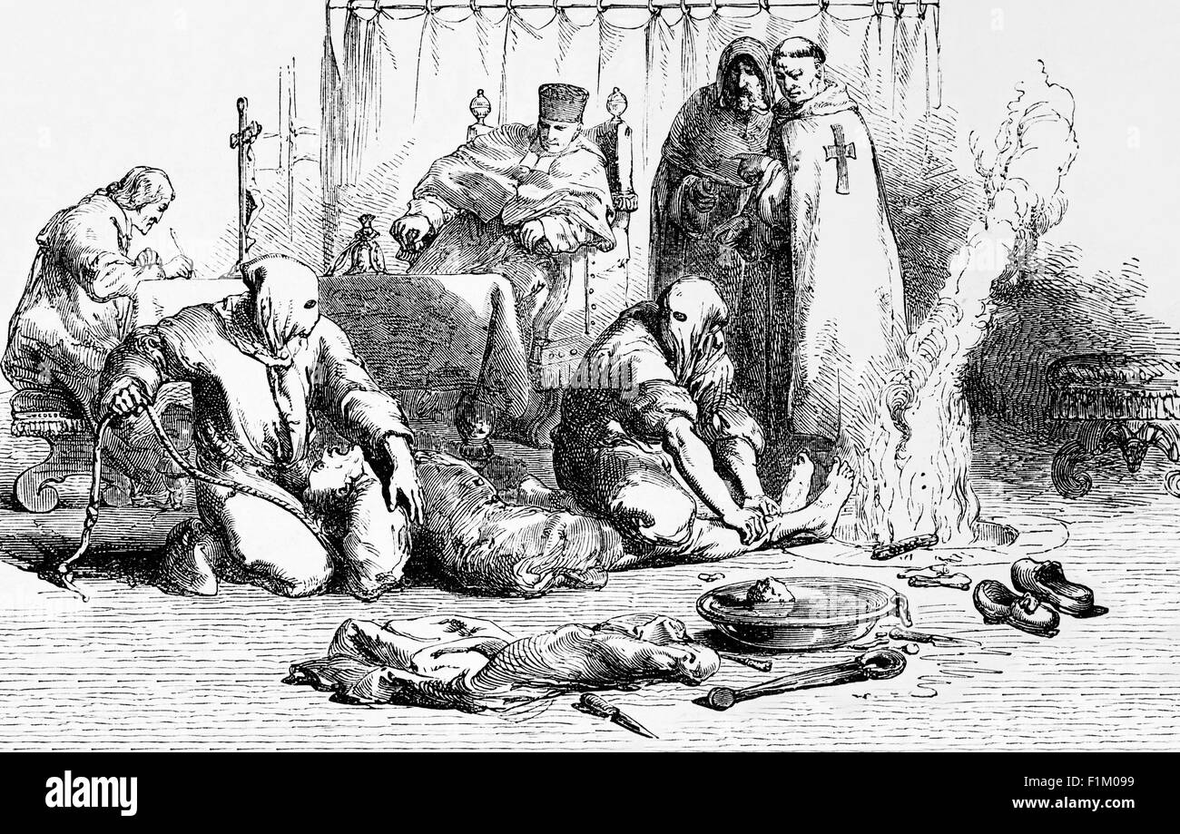 Folter durch Feuer während der spanischen Inquisition in einem Kampf der Kirche gegen Ketzerei. Die Inquisition war ein 1478 von Ferdinand II. Von Aragon und Isabella I. von Kastilien begonntes Tribunal, bei dem viele Menschen vor Menschenmassen auf den Straßen gefoltert und verbrannt wurden. In der Praxis diente die spanische Inquisition zur Festigung der Macht in der Monarchie des neu Vereinigten spanischen Königreichs, aber sie erreichte dieses Ziel durch schändlich brutale Methoden. Stockfoto Folter durch Feuer während der spanischen Inquisition in einem Kampf der Kirche gegen Ketzerei. Die Inquisition war ein 1478 von Ferdinand II. Von Aragon und Isabella I. von Kastilien begonntes Tribunal, bei dem viele Menschen vor Menschenmassen auf den Straßen gefoltert und verbrannt wurden. In der Praxis diente die spanische Inquisition zur Festigung der Macht in der Monarchie des neu Vereinigten spanischen Königreichs, aber sie erreichte dieses Ziel durch schändlich brutale Methoden. Stockfoto