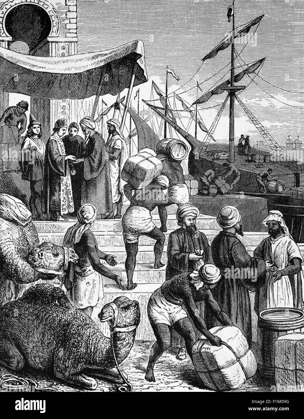 Szene des 16. Jahrhunderts Handel mit den Holländern in einem nahöstlichen Hafen. Das Goldene Zeitalter der Niederlande war eine Periode in der Geschichte der Niederlande, die ungefähr die Zeit von 1581 (der Geburt der Niederländischen Republik) bis 1672 (das Rampjaar, 'Jahr des Verderbers') umspannte. Die dominante Stellung Amsterdams als Handelszentrum wurde 1640 durch ein Monopol für die Dutch East India Company (VOC) für den Handel zwischen China und Japan gestärkt. Stockfoto