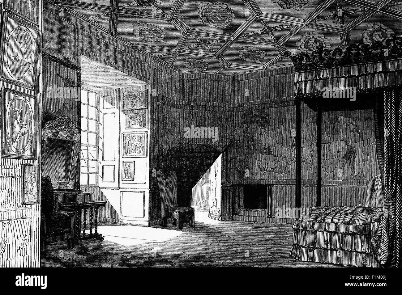 Queen Mary's Tudor Schlafkammer im Palace of Holyroodhouse, der offiziellen Residenz des britischen Monarchen in Schottland. Die königlichen Wohnungen im nordwestlichen Turm des Palastes wurden von Maria, der Königin der Schotten, von ihrer Rückkehr nach Schottland im Jahr 1561 bis zu ihrer erzwungenen Abdankung im Jahr 1567 besetzt. Stockfoto