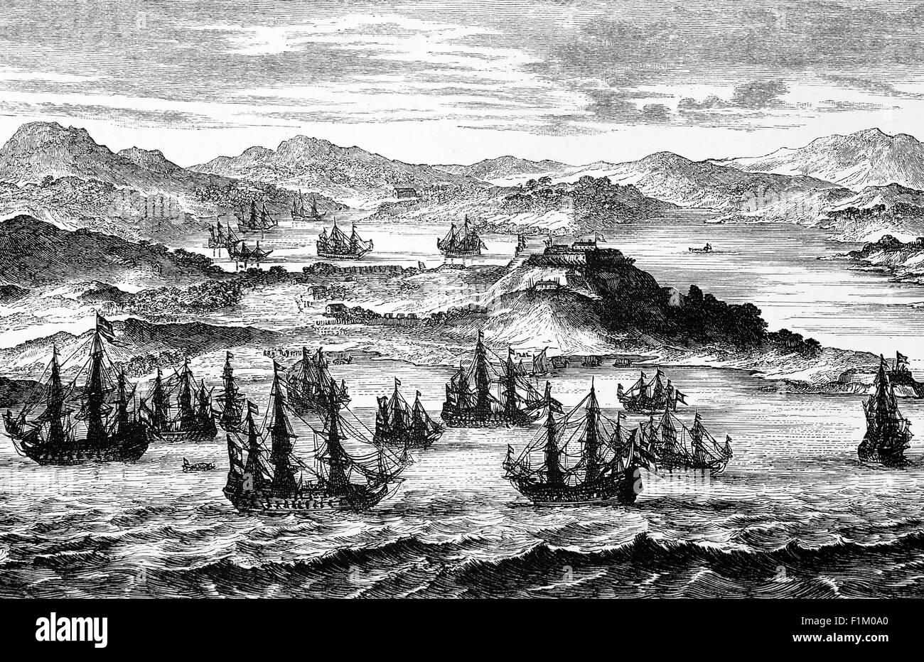 Die spanische Silberflotte, auch bekannt als spanische Schatzflotte oder Westindien-Flotte, ein Konvoi-System von Seewegen, das vom spanischen Imperium von 1566 bis 1790 organisiert wurde und Spanien mit seinen Territorien in Amerika über den Atlantik verband. Die Konvois waren Mehrzweckfrachtflotten, die für den Transport einer Vielzahl von Gegenständen verwendet wurden, darunter Silber, Gold, Edelsteine, Perlen, Gewürze, Zucker, Tabak, Seide und andere exotische Waren aus den Überseegebieten des spanischen Reiches auf das spanische Festland. Stockfoto