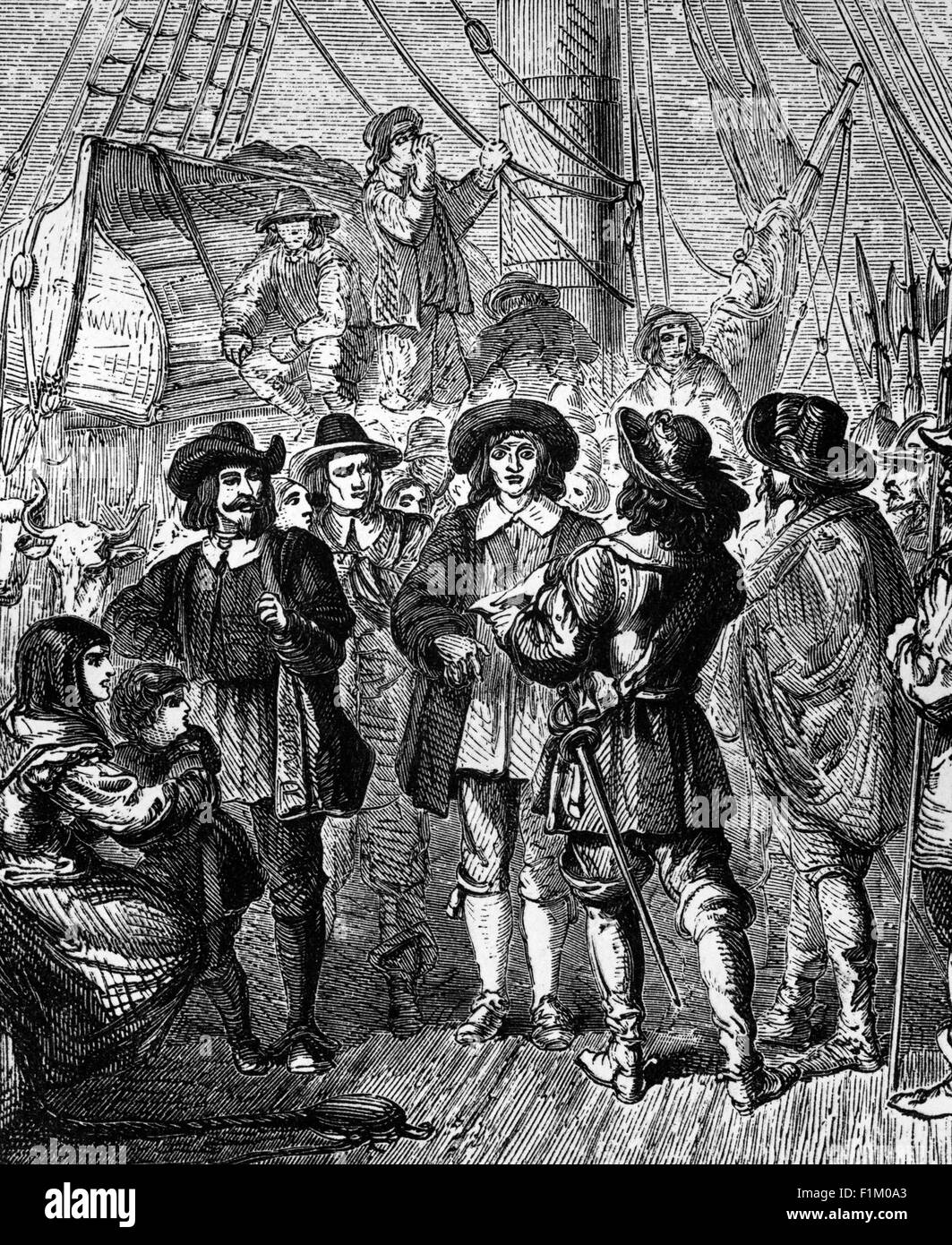 Die versuchte Auswanderung in die Kolonien von John Hampden mit Oliver Cromwell in den 1630er Jahren, beide wurden Architekten des englischen Bürgerkriegs. Stockfoto