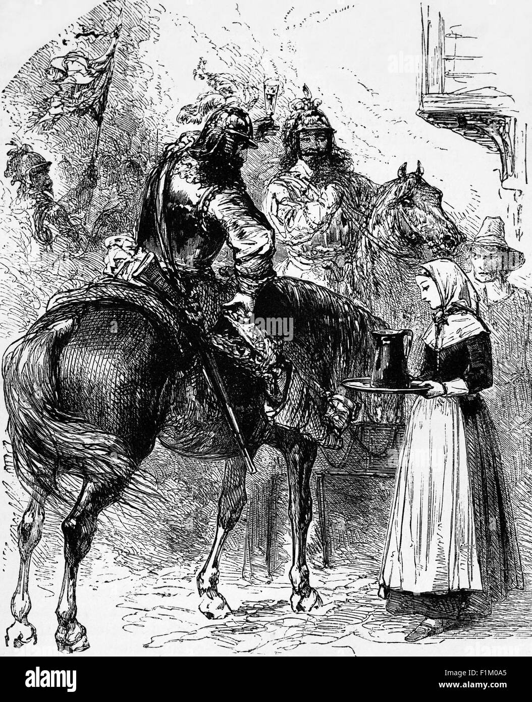 Prinz Rupert, mit seiner Kavallerie vor einer Herberge in den 1640er Jahren. Rupert ist wahrscheinlich am besten in Erinnerung heute für seine Rolle als Royalist Commander während des englischen Bürgerkriegs. Er hatte beträchtliche Erfolge in den ersten Jahren des Krieges, sein Antrieb, Entschlossenheit und Erfahrung der europäischen Techniken brachte ihn frühe Siege. Aber als der Krieg weiter fortgeschritten, Rupert's Jugend und mangelnde Reife bei der Verwaltung seiner Beziehungen mit anderen Royalist Kommandanten letztlich in seinem Abbau von seinem Posten und ultimative Ruhestand aus dem Krieg. Stockfoto