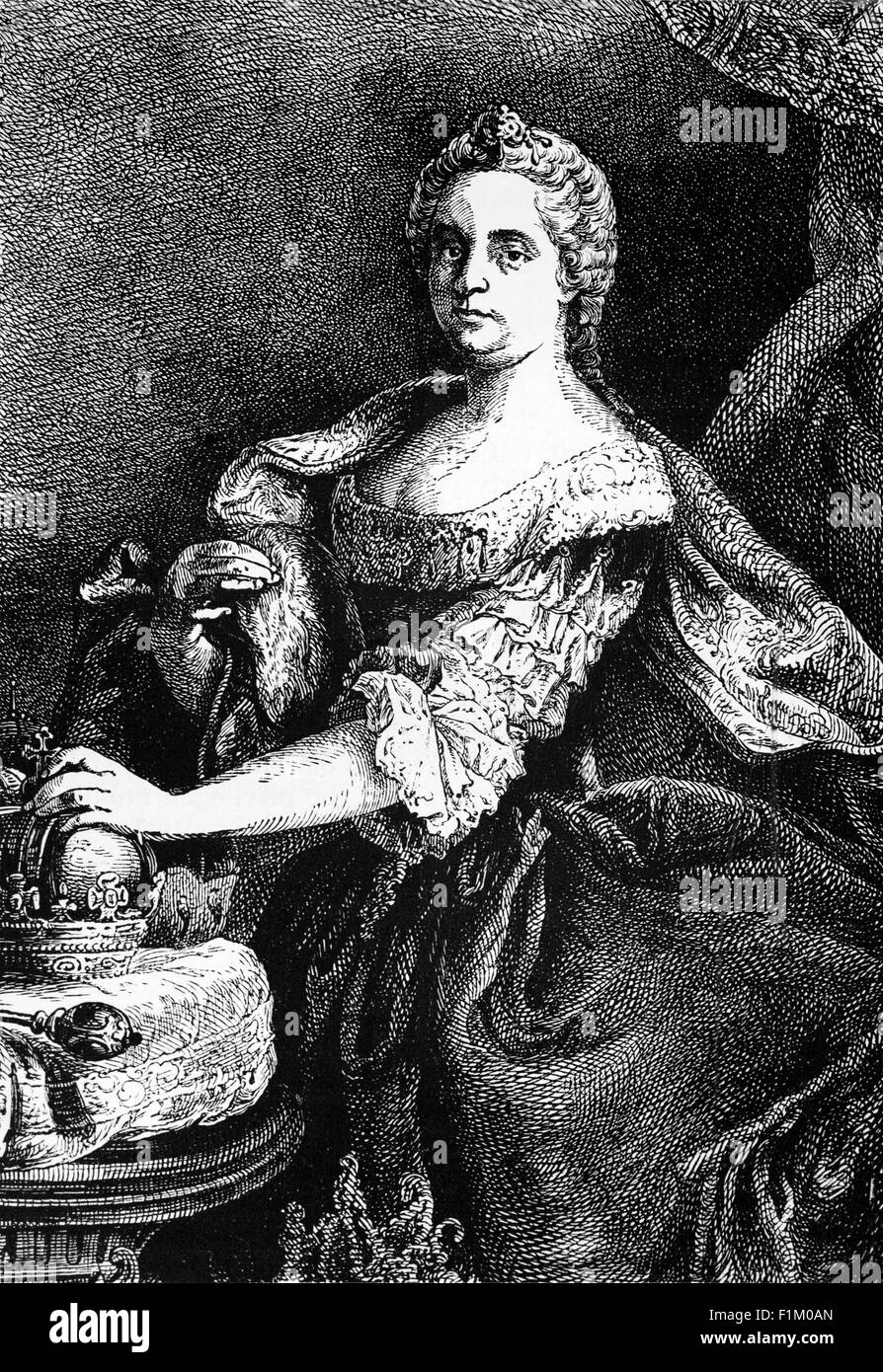 Maria Theresia, die Kaiserin Königin, Ehefrau von Ludwig XIV. Von Frankreich. Die Tochter von König Philipp IV. Von Spanien und Elisabeth von Frankreich, sie wurde mit Louis durch den Frieden der Pyrenäen (1659) verlobt, die einen 24-jährigen Krieg zwischen Frankreich und Spanien beendet. Im Rahmen des Paktes erklärte sie sich bereit, gegen eine große Mitgift auf ihren Erbschaftsanspruch auf den spanischen Thron zu verzichten. Nach dem Tod Philipps IV. Behauptete Ludwig XIV., Marie-Thérèse habe nie die Mitgift bezahlt, ihr Verzicht sei nichtig und eroberte einen Teil der spanischen Niederlande im Namen seiner Frau (Dezentralisierungskrieg, 1667–68). Stockfoto