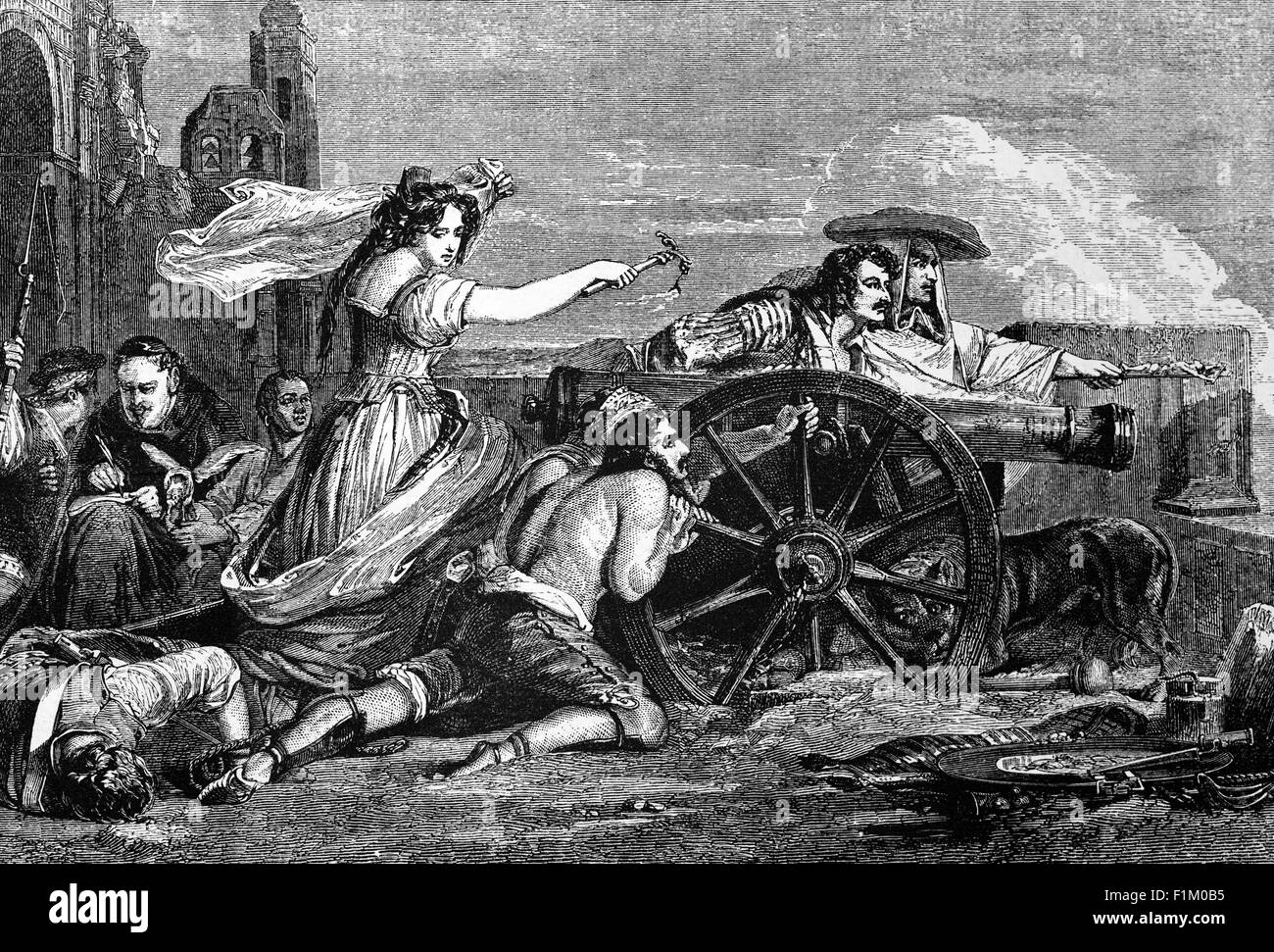 Agostina, die Magd von Saragossa (1786-1857), war eine spanische Heldin, die Spanien während des Peninsular-Krieges verteidigte. Am 15. Juni 1808 stürmte die französische Armee Zaragosa. Agustina, auf den Wällen angekommen, beobachtete Verteidiger fallen zu Französisch Bajonette. Mit den französischen Truppen ein paar Meter entfernt, Agustinaran lief nach vorne und feuerte eine Kanone Schredder eine Welle von Angreifern auf Punkt-leere Reichweite. Der Anblick einer einsamen Frau, die tapfer die Kanonen behielt, inspirierte die flüchtenden spanischen Truppen zur Rückkehr, und nach einem blutigen Kampf gaben die Franzosen den Angriff auf Zaragosa auf und gaben ihre Belagerung auf. Stockfoto
