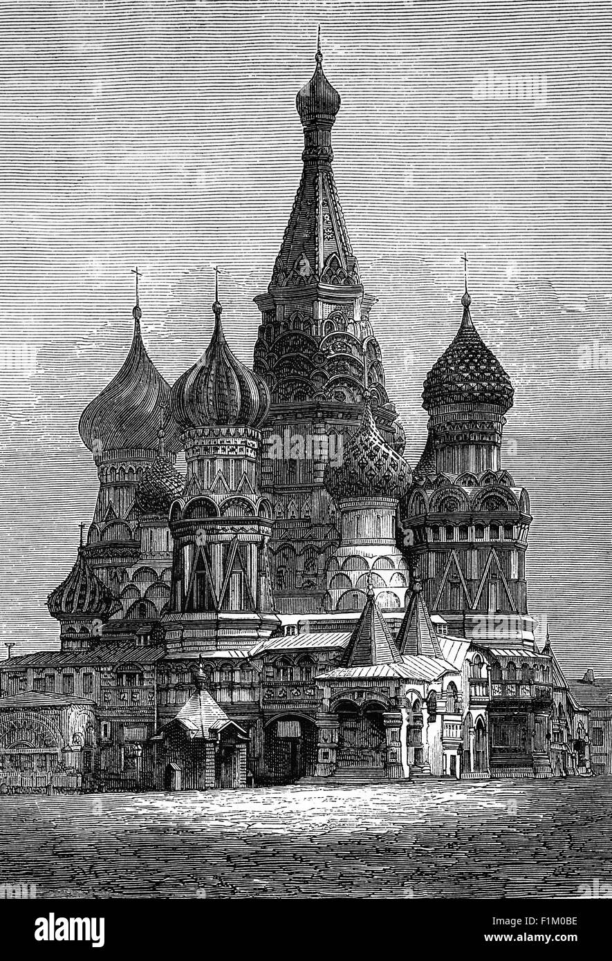 Eine Illustration des 19. Jahrhunderts der Kathedrale von Vasilij dem Seligen, allgemein bekannt als St. Basil's Cathedral, eine orthodoxe Kirche auf dem Roten Platz von Moskau, Russland. Es wurde von 1555 bis 1561 auf Befehl von Iwan dem Schrecklichen erbaut und erinnert an die Eroberung von Kasan und Astrachan. Stockfoto
