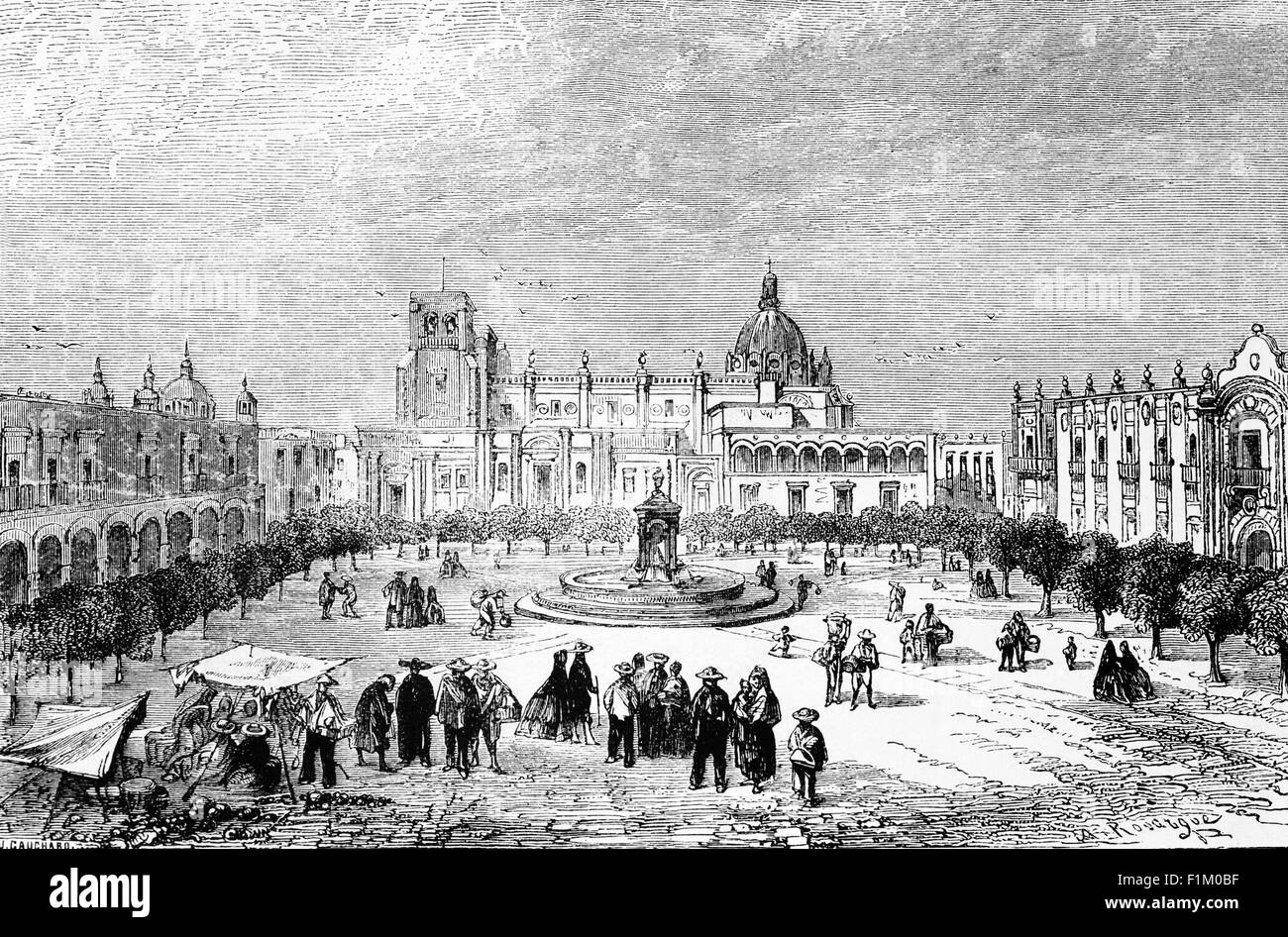 Die Grand Square, im 19. Jahrhundert-Mexiko-Stadt. aka The Zócalo. Vor der Kolonialzeit war es das wichtigste zeremonielle Zentrum in der aztekischen Stadt Tenochtitlán. Das Plaza bekannt einfach als "Hauptplatz" oder "Waffenplatz" verwendet, und heute seinen formalen Namen Plaza De La Constitución (Platz der Verfassung). Dieser Name kommt nicht von einer der mexikanischen Verfassung, die das Land regiert haben, sondern von der Verfassung von Cádiz in Spanien im Jahr 1812 unterzeichneten. Stockfoto