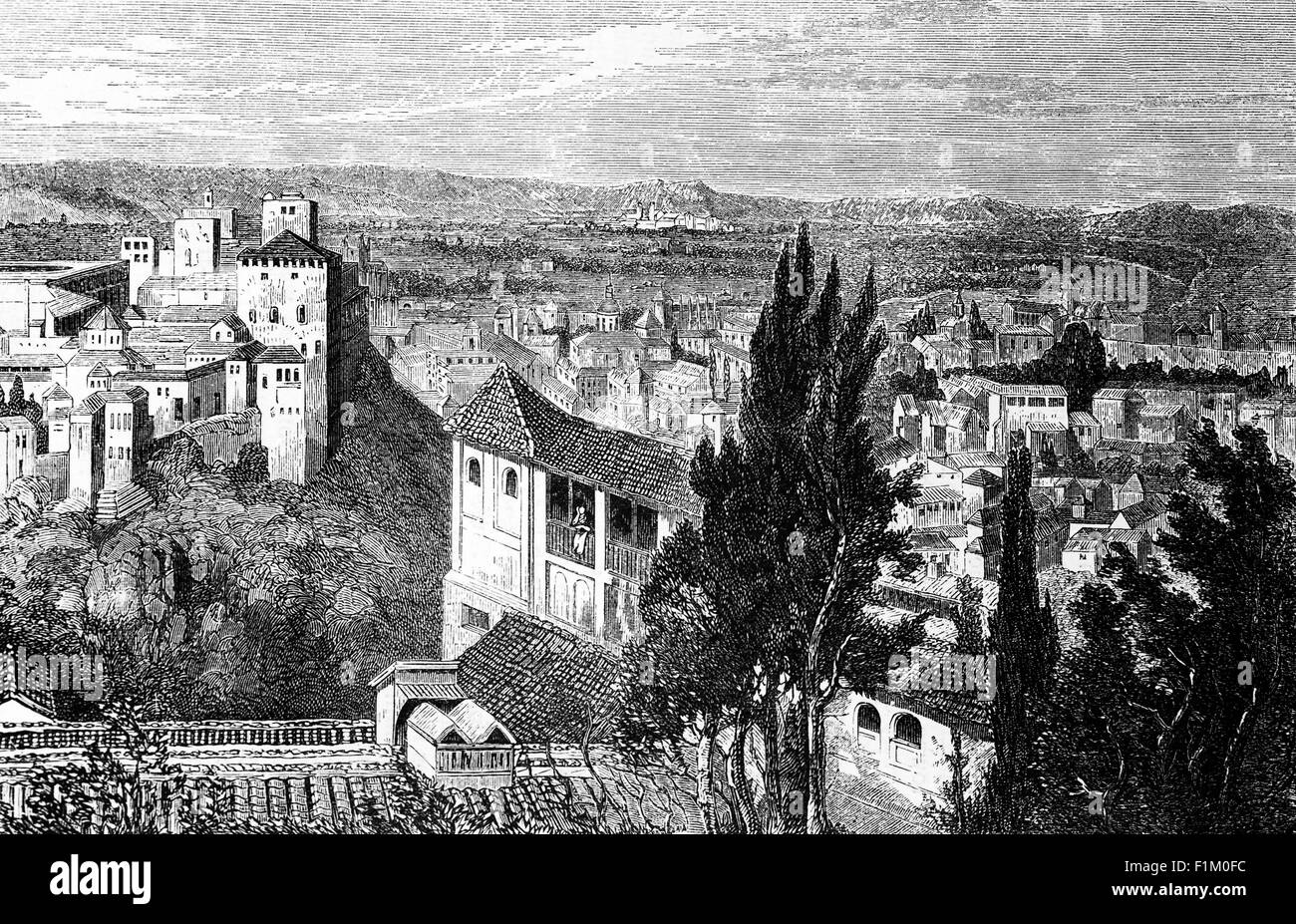 Eine Luftaufnahme von Granada aus dem 19. Jahrhundert mit der Alhambra, der arabischen Zitadelle und dem Palast. Die Hauptstadt der Provinz Granada, in Andalusien, Spanien, liegt am Fuße der Sierra Nevada, am Zusammenfluss von vier Flüssen, dem Darro, dem Genil, dem Monachil und dem Beiro. Stockfoto