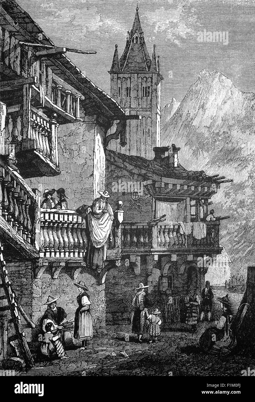 19. Jahrhundert Hausarchitektur in der Schweiz. Der Schweizer Chalet-Stil bezieht sich auf traditionelle Bauweisen, die sich durch weit vorstehende Dächer und Fassaden mit reich verzierten Holzbalkonen und geschnitzten Ornamenten auszeichnen. Stockfoto