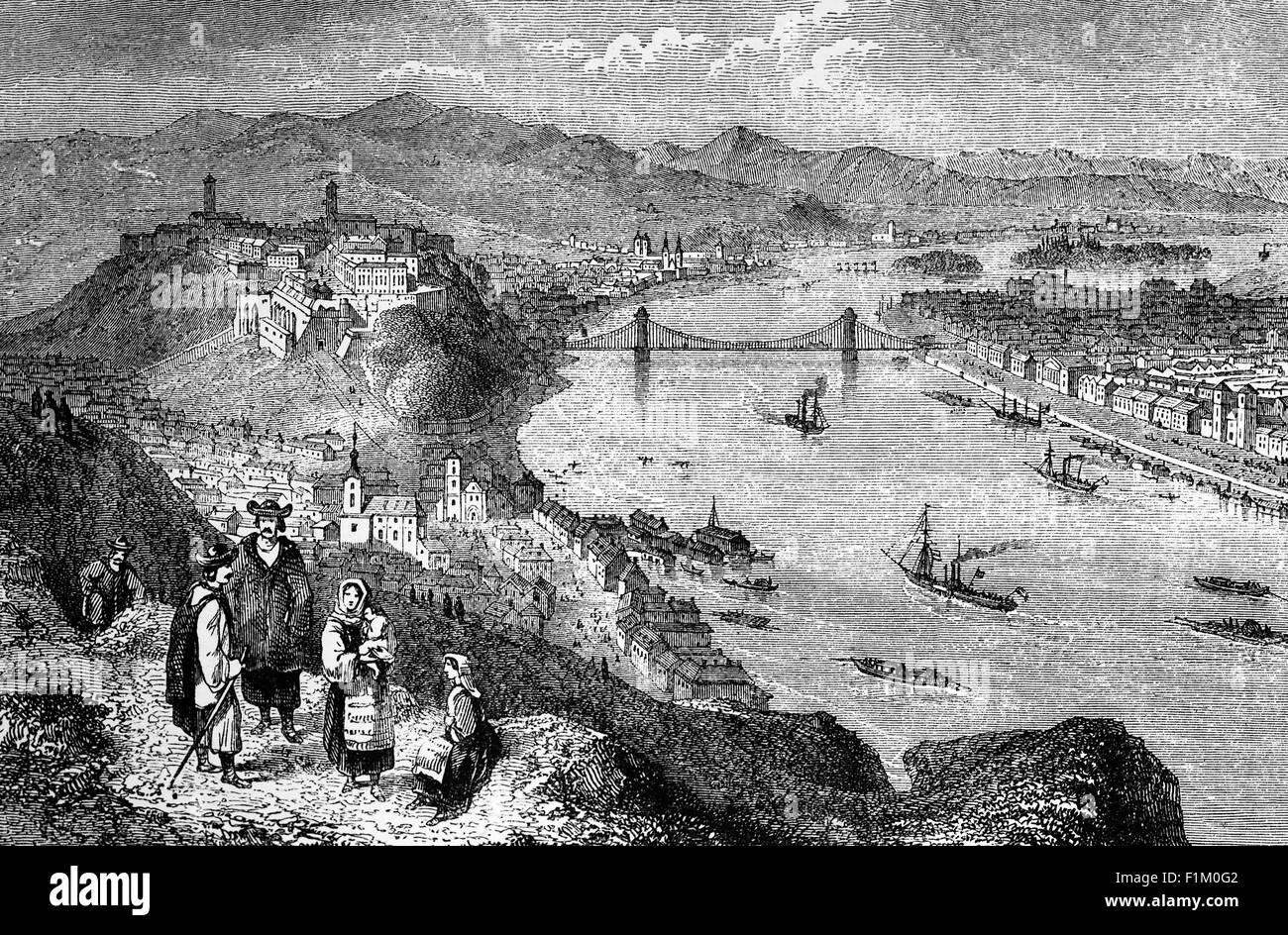 Ein Blick auf die Donau aus dem 19. Jahrhundert, während sie durch Budapest, die Hauptstadt von Ungarn fließt. 1849 wurde die Kettenbrücke zwischen Buda und Pest als erste permanente Donaubrücke eröffnet[67] und 1873 wurden Buda und Pest offiziell mit dem dritten Teil, Óbuda (Alt-Buda), verschmolzen und so die neue Metropole Budapest geschaffen. Stockfoto