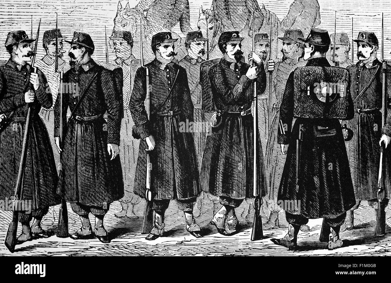 Sardische Infanteriesoldaten, die am 24. Juni 1859 an der Schlacht von Solferino in Italien teilnehmen. Die Schlacht führte zum Sieg der alliierten französischen Armee unter Napoleon III und Piemont-sardischen Armee unter Viktor Emmanuel II (zusammen bekannt als die Französisch-sardische Allianz) Gegen die österreichische Armee unter Kaiser Franz Joseph I. Es war die letzte große Schlacht in der Weltgeschichte, in der alle Armeen unter dem persönlichen Kommando ihrer Monarchen standen. Stockfoto