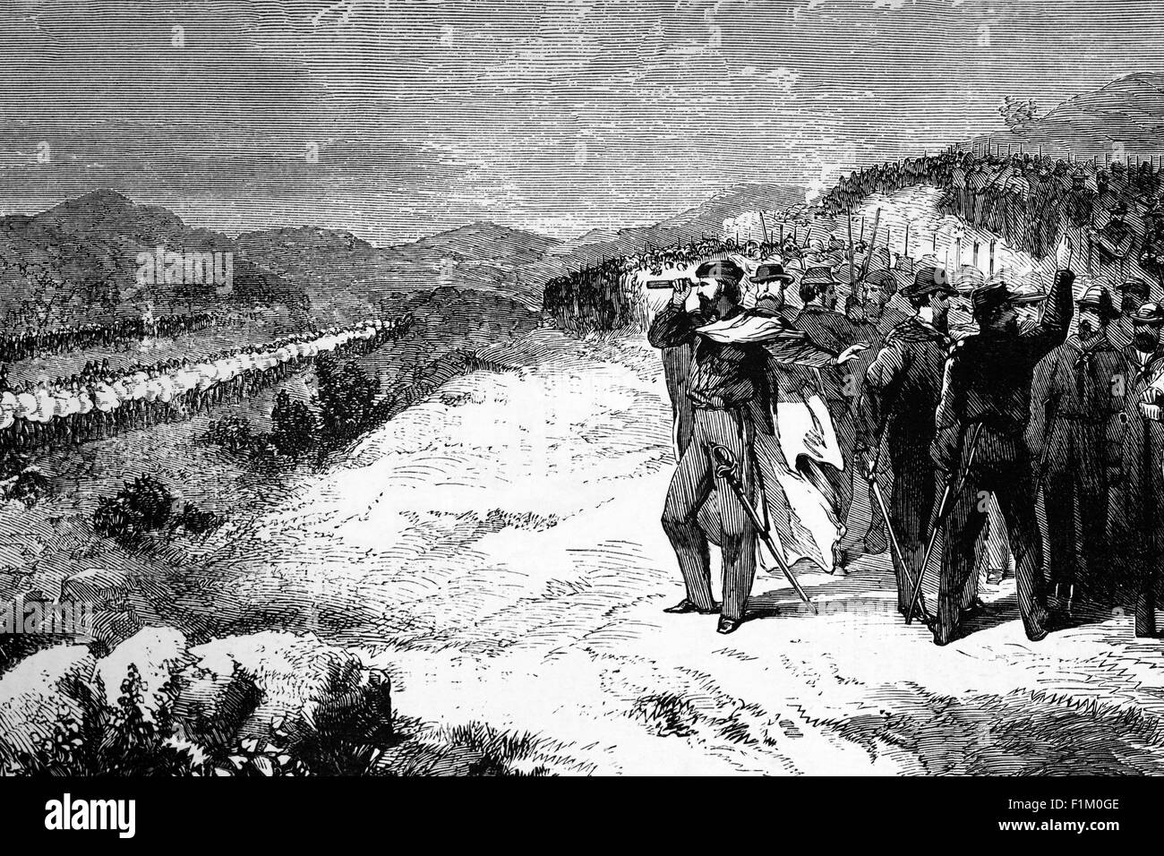Im Jahr 1862, Giuseppe Garibaldi mit 3.000 Freiwilligen in einem marsch von Sizilien nach Rom, konfrontiert Angriff italienischen Truppen während der Schlacht von Aspromonte, eine Schlacht, die am 29. August 1862 stattfand, und war eine unschlüssige Episode des italienischen Einigungsprozesses. In der Schlacht besiegte die königliche italienische Armee Giuseppe Garibaldis Freiwilligenarmee, Garibaldi wurde verwundet und gefangen genommen, aber später freigelassen. Stockfoto