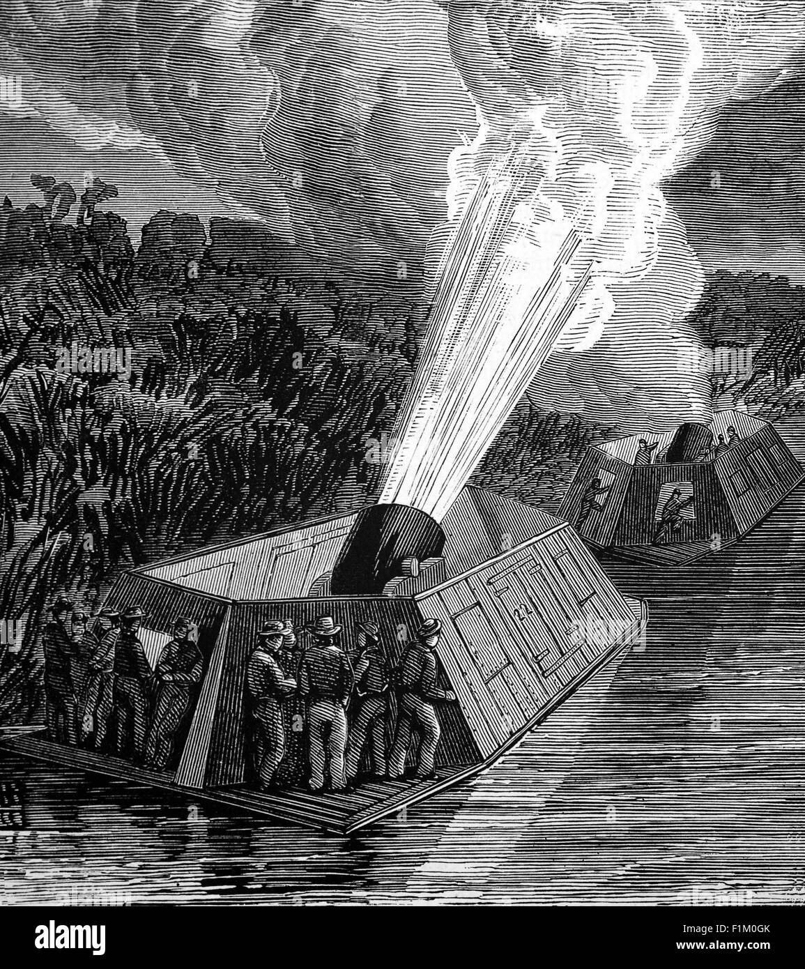 Bombardierung von Mörtel Boote; Diese 13-Zoll-Seacoast Mörser, Modell 1861 wurden die Armee letzten und schwersten Seeküste Mörser. Verwendet auf dem Mississippi während des amerikanischen Bürgerkriegs (1861 – 1865) Stockfoto