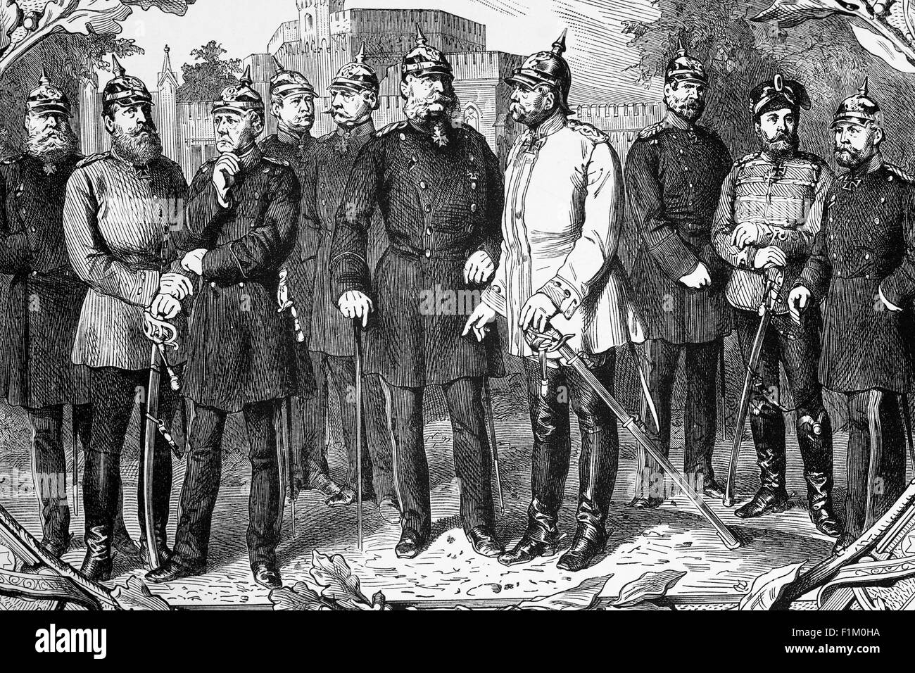 Kaiser Wilhelm I. (1797-1888), König von Preußen und erster deutscher Kaiser mit seinen militärischen Beratern. Es war unter der Führung von Wilhelm und seinem Kanzler Otto von Bismarck, Preußen erreicht die Vereinigung von Deutschland und die Errichtung des Deutschen Reiches. Stockfoto