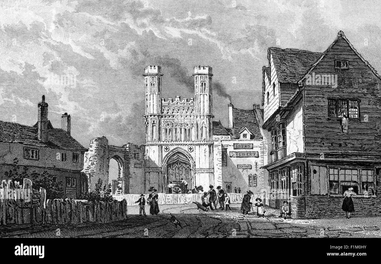 Abt Fyndons großes Tor, errichtet in der Zeit von Abt Fyndon, zwischen den Jahren 1297 und 1309, mit Lady Woottons Grün im Vordergrund. Die Kammer über dem Eingang war die staatliche Bett-Kammer des Klosters. Das Torhaus ist jetzt ein privater Eingang in die King's School, Canterbury, Kent, England Stockfoto