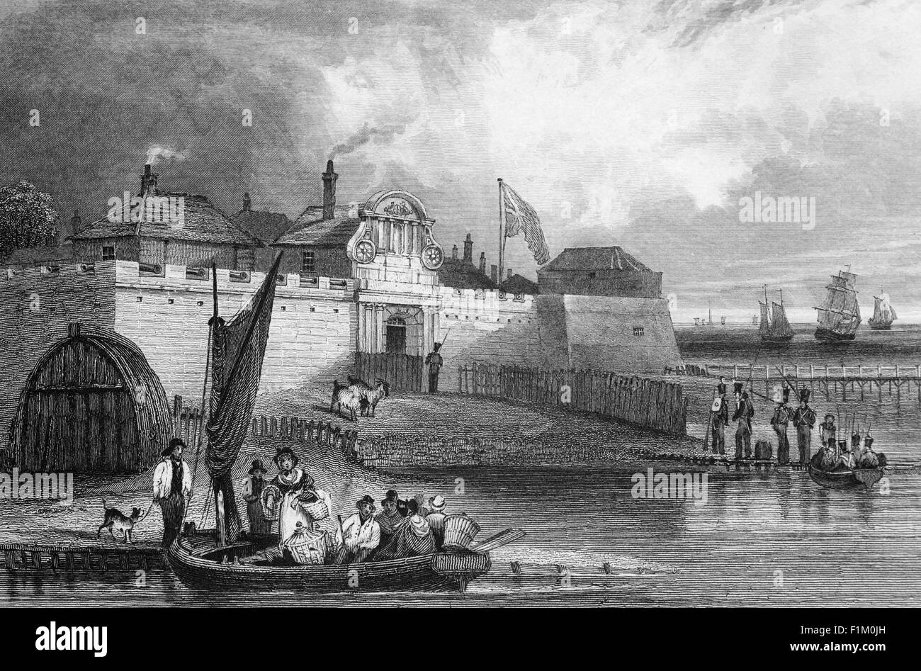 Ein 19th Jahrhundert Illustration von Tilbury Fort in Essex, auch historisch bekannt als die Thermitage Bulwark und der West Tilbury Blockhouse, ist ein Artilleriefort bedeckt die Themse von seinem Nordufer. Im 18th. Jahrhundert begann es, ein Durchgangslager und für die Lagerung von Schießpulver verwendet werden. Während der Napoleonischen Kriege wurde in der Südostecke eine neue Artilleriebatterie hinzugefügt. Es wurde nach 1868 umgebaut, um schwere Artillerie zu halten, was eine zweite Verteidigungslinie entlang des Flusses bot, aber weitere technologische Veränderungen bedeuteten, dass es bis zum Ende des Jahrhunderts obsolet geworden war. Stockfoto