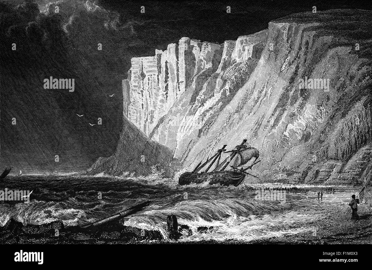 Eine Illustration aus dem 19th. Jahrhundert eines Segelschiffs, das vor Beachy Head, East Sussex, England, der höchsten Kreidespitze Großbritanniens, mit 162 m (530 ft) über dem Meeresspiegel, abflackelt. Beachy Head Lighthouse, unterhalb der Landzunge gelegen, war der letzte traditionelle "Felsturm" (d.h. Offshore-Leuchtturm), der von Trinity House gebaut wurde. Stockfoto