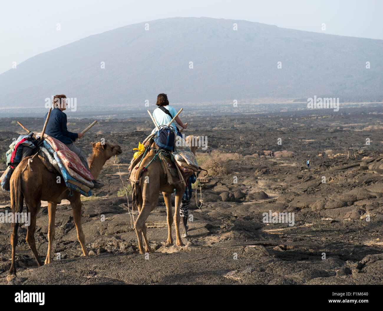 Touristischen Kamelreiten an den Hängen des Erta Ale Vulkan in der Danakil-Senke, Äthiopien. Stockfoto