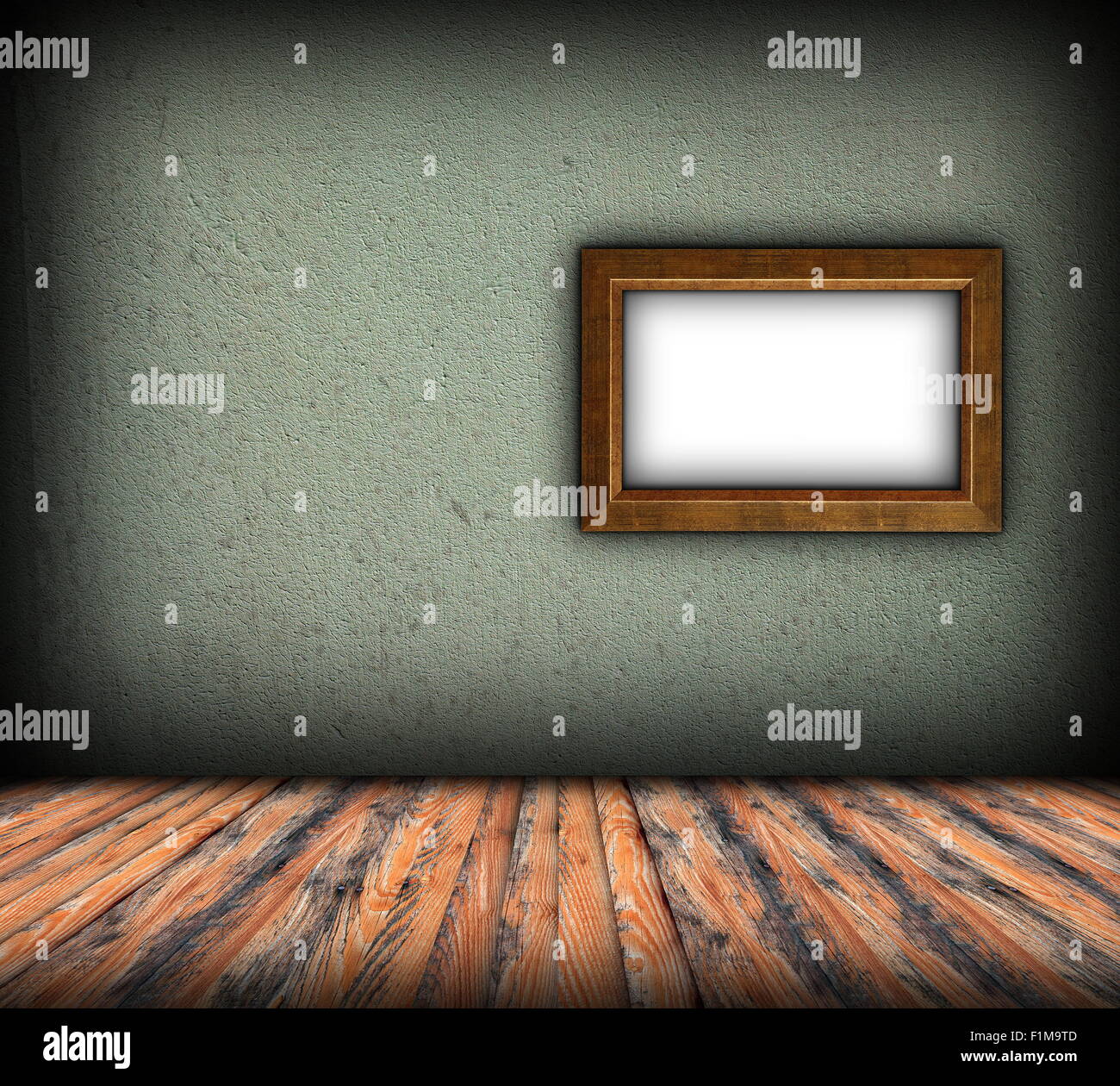 minimalistische indoor Kulisse mit Holzrahmen auf grüne verputzte Wand Stockfoto