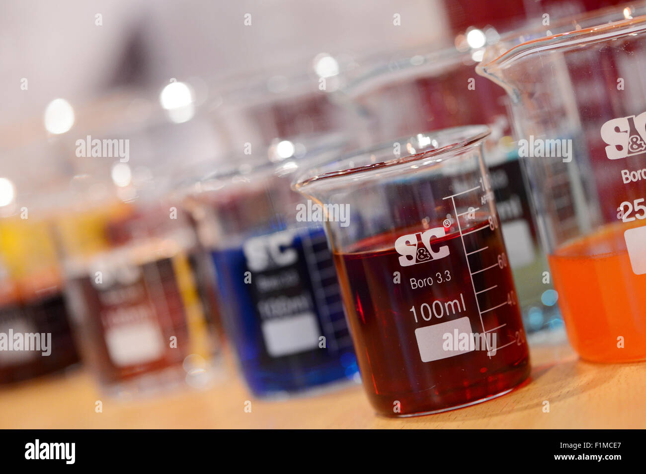 Labor-Becher mit verschiedenen farbigen Flüssigkeiten Stockfoto