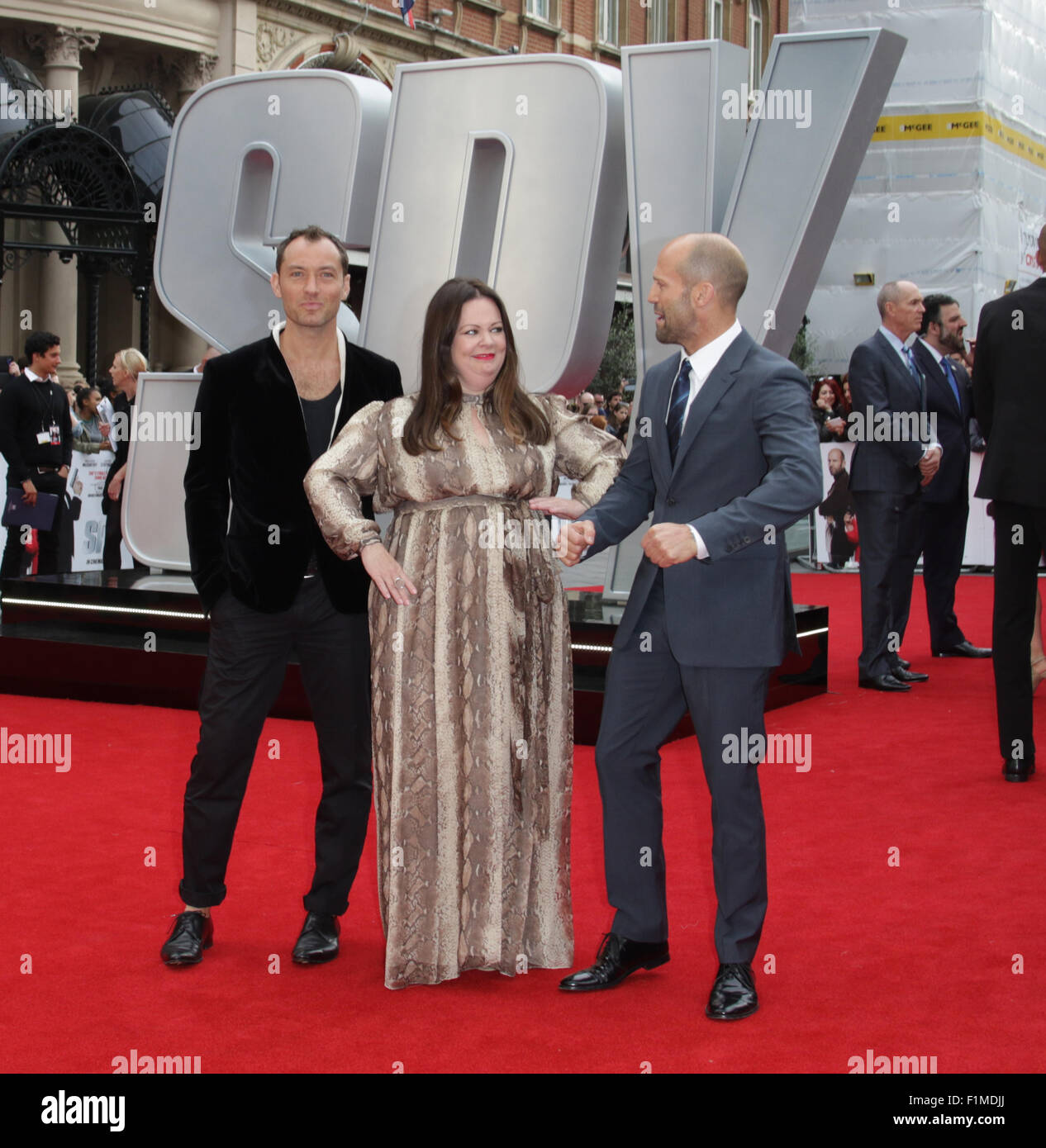 London, UK, 27. Mai 2015: Jude Law, Melissa Mccarthy und Jason Statham die Europa-Premiere der Spion im Odeon-Kino zu besuchen Stockfoto