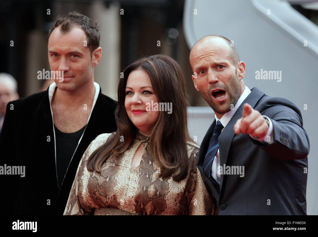 London, UK, 27. Mai 2015: Jude Law, Melissa Mccarthy und Jason Statham die Europa-Premiere von "SPY" an der Odeon-Cine besuchen Stockfoto