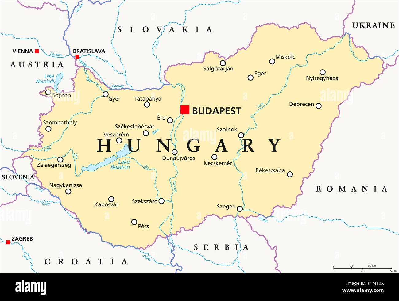 Ungarn Landkarte mit Hauptstadt Budapest, Landesgrenzen, wichtige Städte, Flüsse und Seen. Englische Beschriftung und Skalierung. Stockfoto