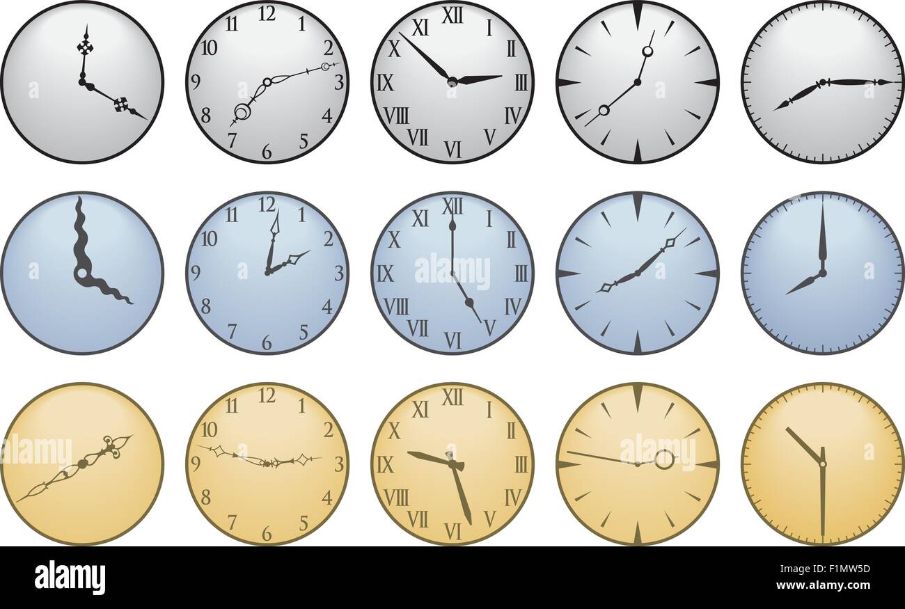 Fünfzehn verschiedene Clock Faces, alle Elemente sind getrennt, mix und match, wie Sie möchten Stock Vektor
