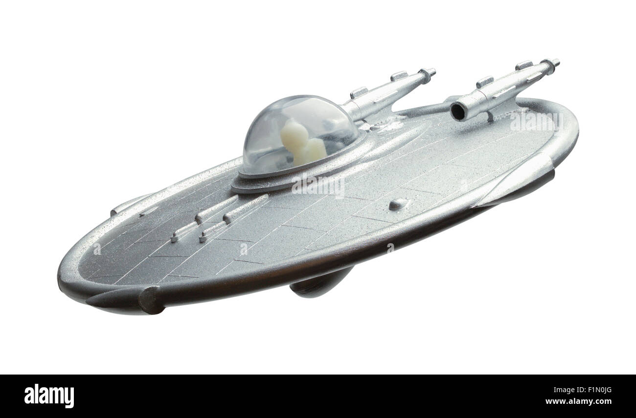 Silber fliegen UFO isoliert auf einem weißen Hintergrund. Stockfoto