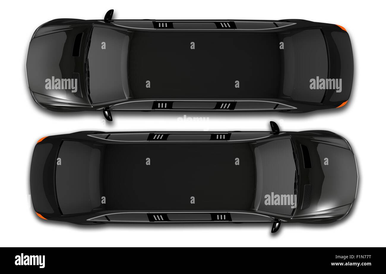Schwarze Limousinen Draufsicht Illustration 3D. Isolierte Draufsicht Limousine. Stockfoto