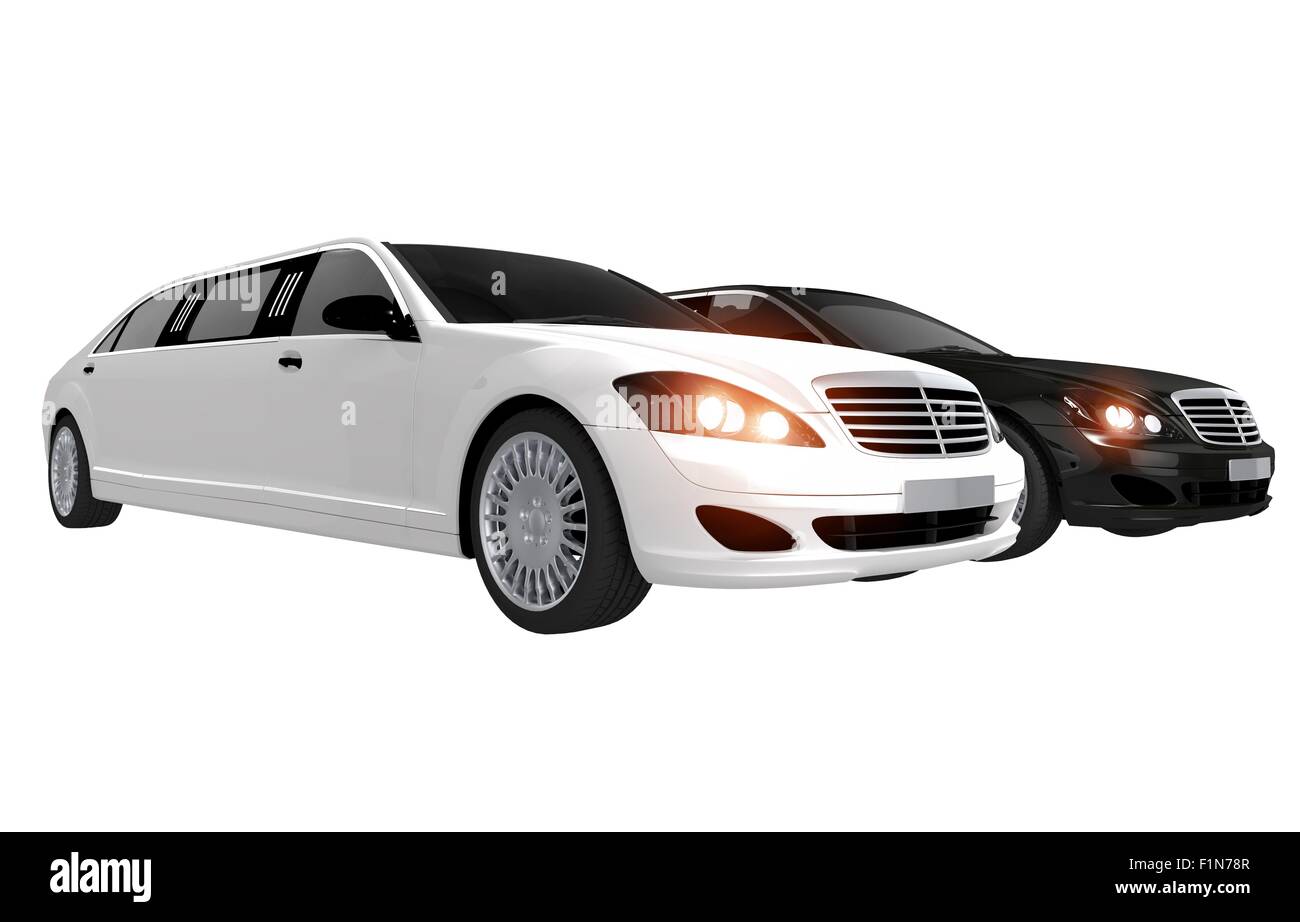Weiße und schwarze Limousinen. Zwei Limousinen in zwei Farben Abbildung Stockfoto