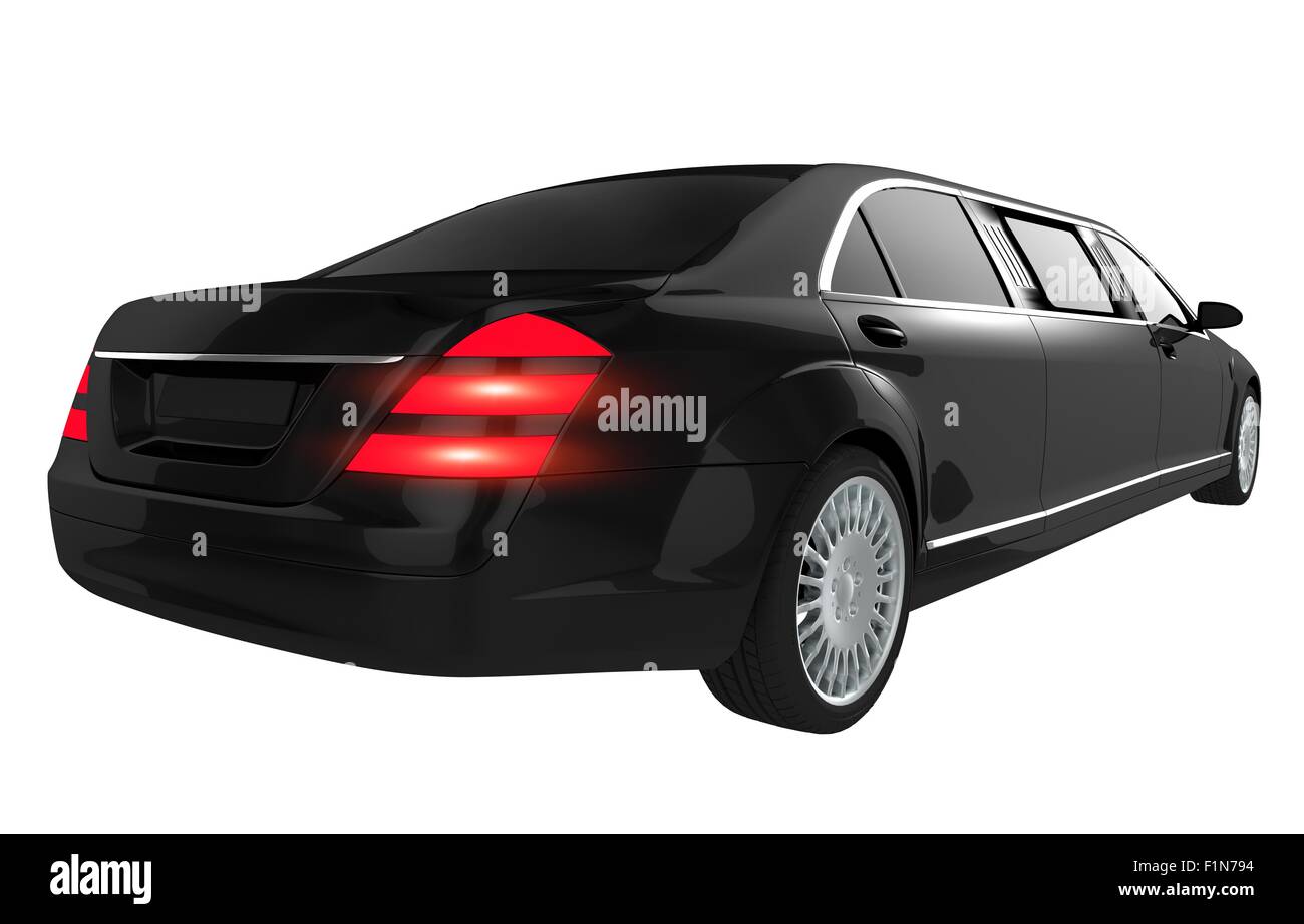 Schwarze Luxus-Limousine, Isolated on White. Elegante schwarze Limousine Rückansicht. Stockfoto