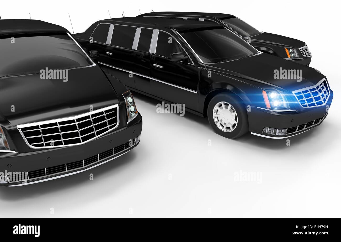 Luxus Limousinen Verleih Concept Illustration. Drei schwarze elegante Limousinen auf weiß. Stockfoto